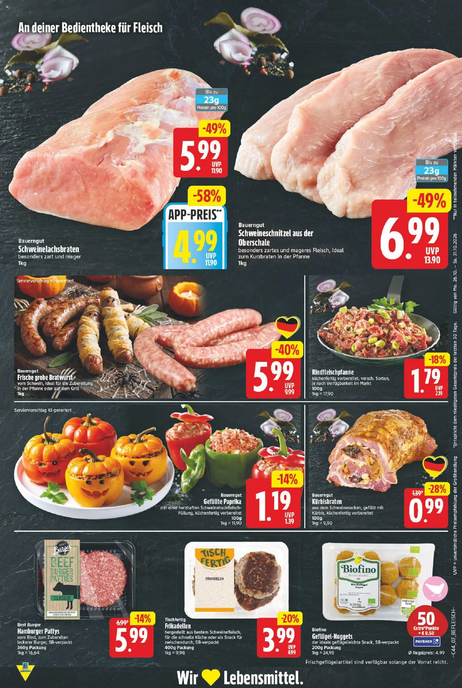 Vorschau von dem Prospekt des Geschäftes E center, gültig ab dem 26.10.2026 - Burger, Küche, Grill, Bratwurst, Fleisch, Paprika, Tisch, Bauerngut