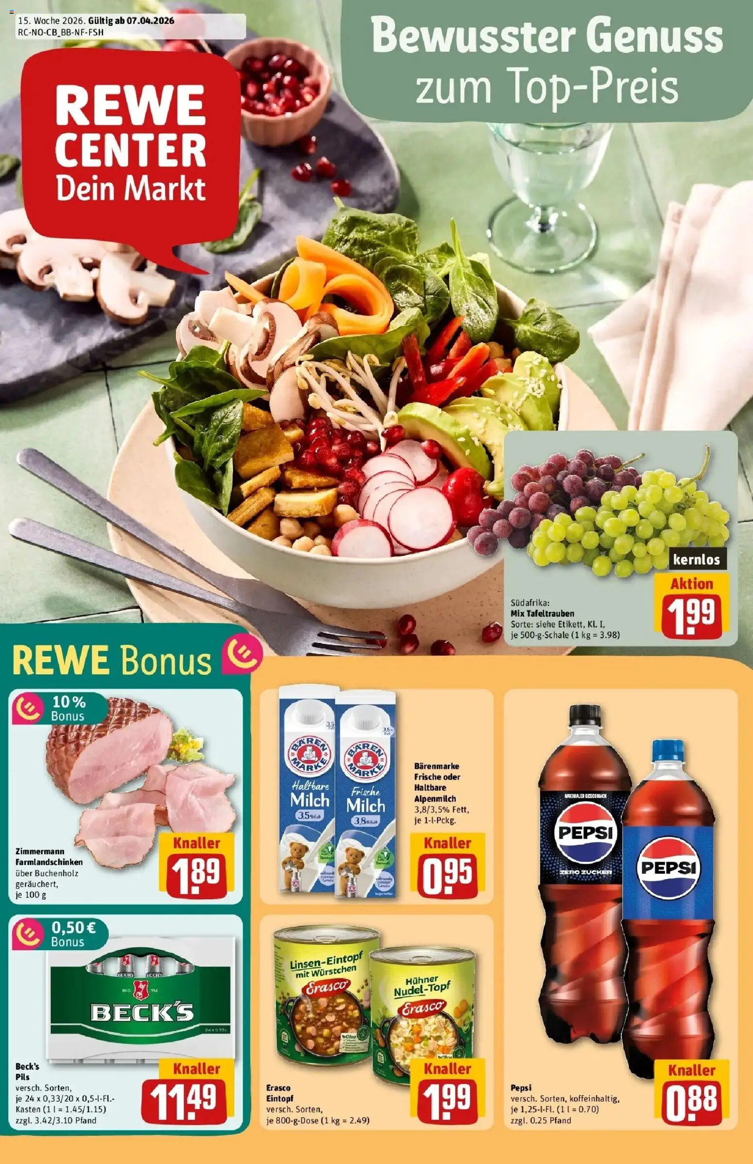 Vorschau von dem Prospekt des Geschäftes Rewe, gültig ab dem 05.04.2026 - Cola, Milch, Zucker, Pepsi, Haltbare milch, Pils, Erasco