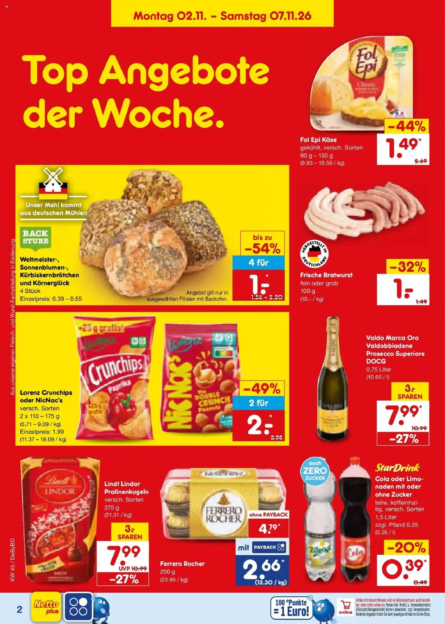 Vorschau von dem Prospekt des Geschäftes Netto Marken-Discount, gültig ab dem 02.11.2026 - Käse, Top, Fleisch, Paprika, Mehl, Ferrero rocher, Lindor, Lorenz crunchips