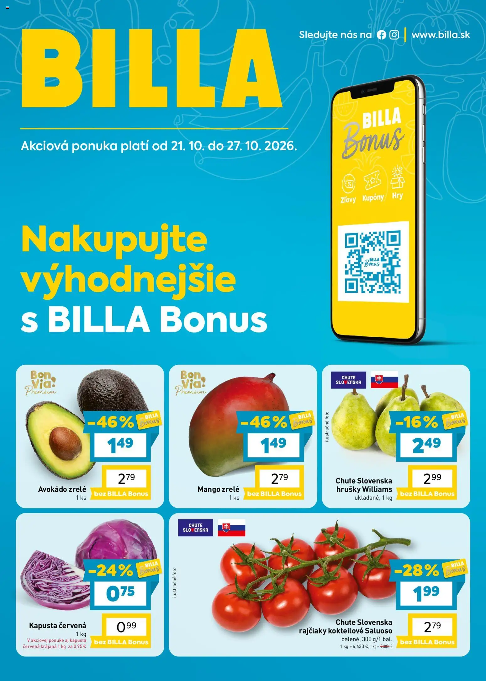 Náhľad Billa letáku platného od 21.10.2026 - Mango, Avokádo, Kapusta, Hrušky, Kapusta červená