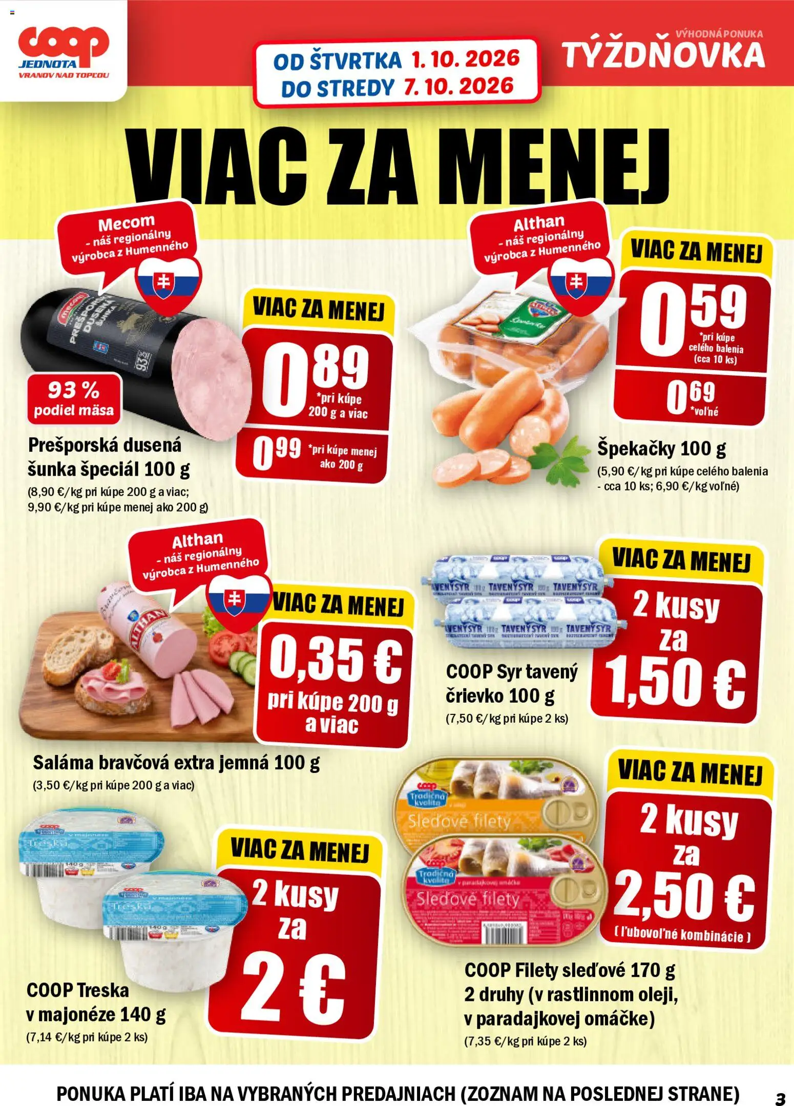 Náhľad COOP Jednota letáku platného od 01.10.2026 - Syr, Treska, Šunka, Saláma, Tavený syr