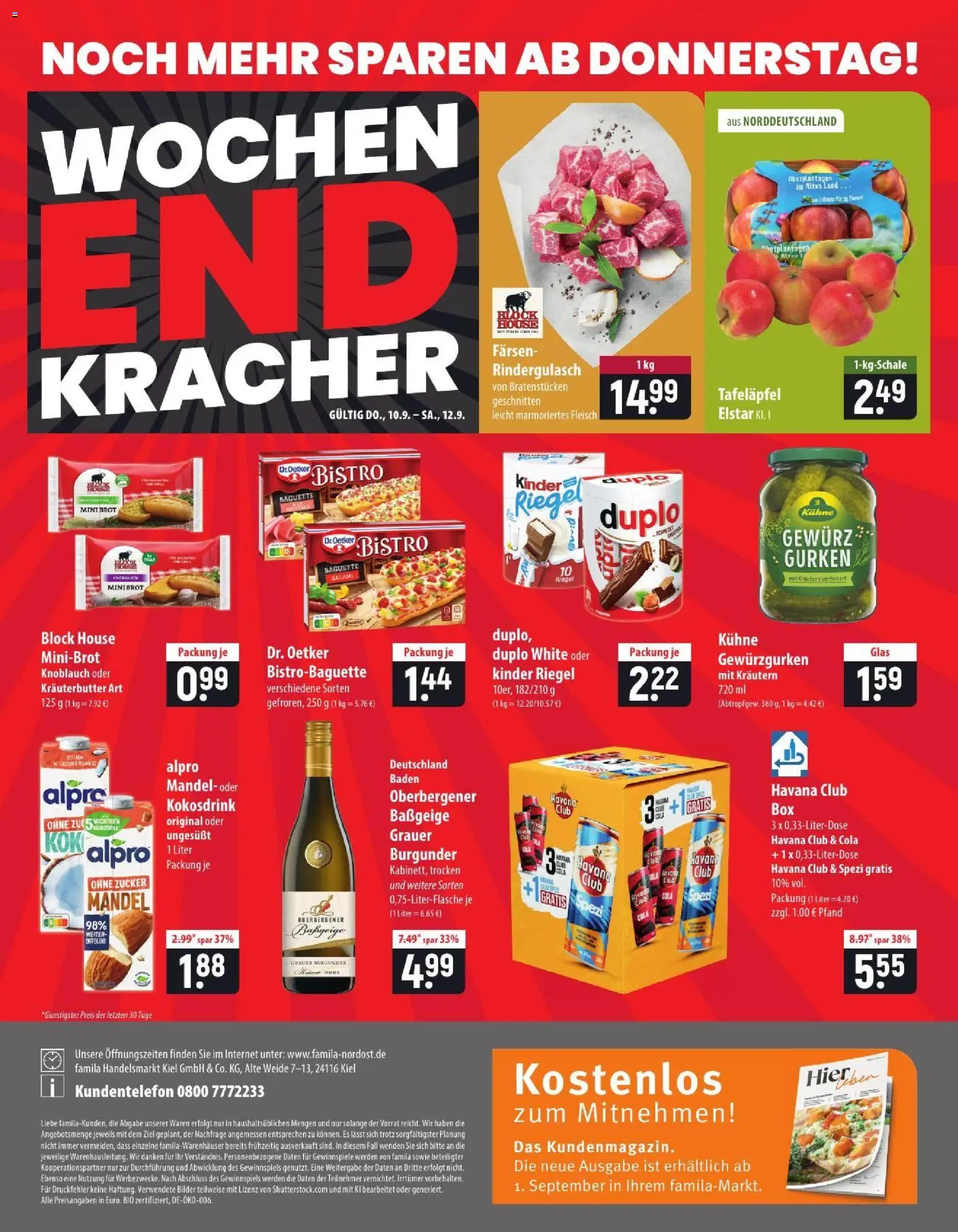 Vorschau von dem Prospekt des Geschäftes Famila, gültig ab dem 07.09.2026 - Cola, Baguette, Fleisch, Rindergulasch, Zucker, Kräuterbutter, Alpro, Kinder riegel