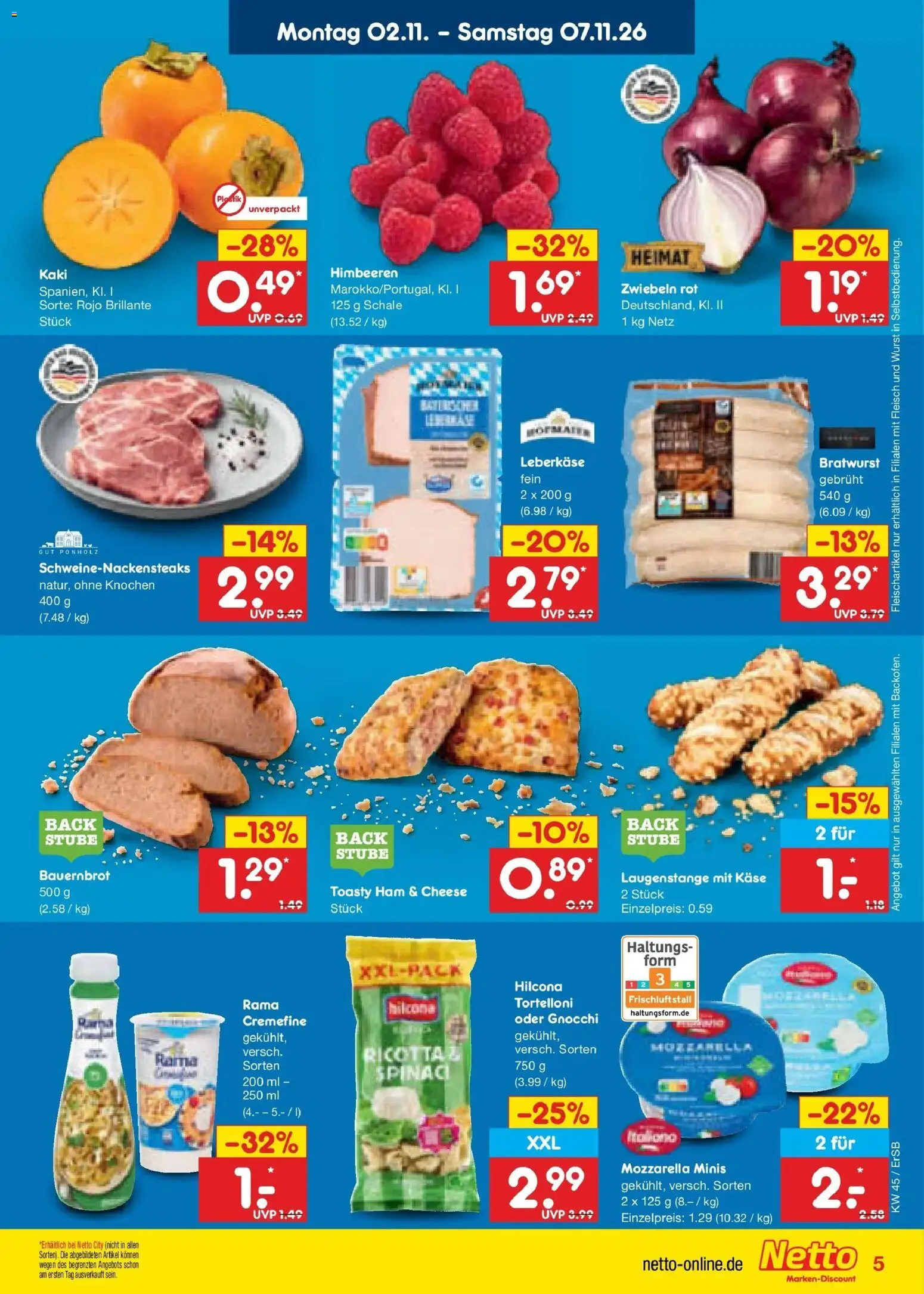 Vorschau von dem Prospekt des Geschäftes Netto Marken-Discount, gültig ab dem 02.11.2026 - Wurst, Bratwurst, Himbeeren, Mozzarella, Fleisch, Rama, Zwiebeln, Leberkase
