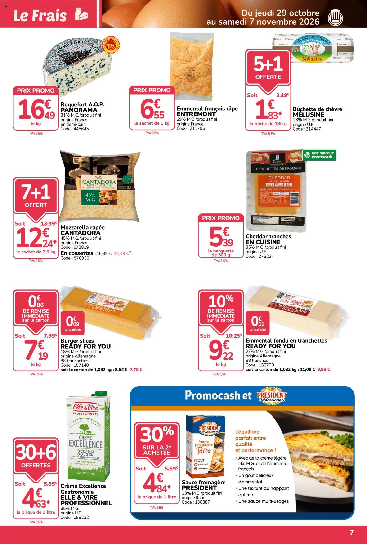 Prévisualisation de Promocash catalogue Rendez-vous Promos du magasin Promocash formulaire valide 29/10/2026 - Mozzarella, Lait, Sauce fromagère, Brique, Emmental, Mozzarella râpée, Râpe, Crème légère