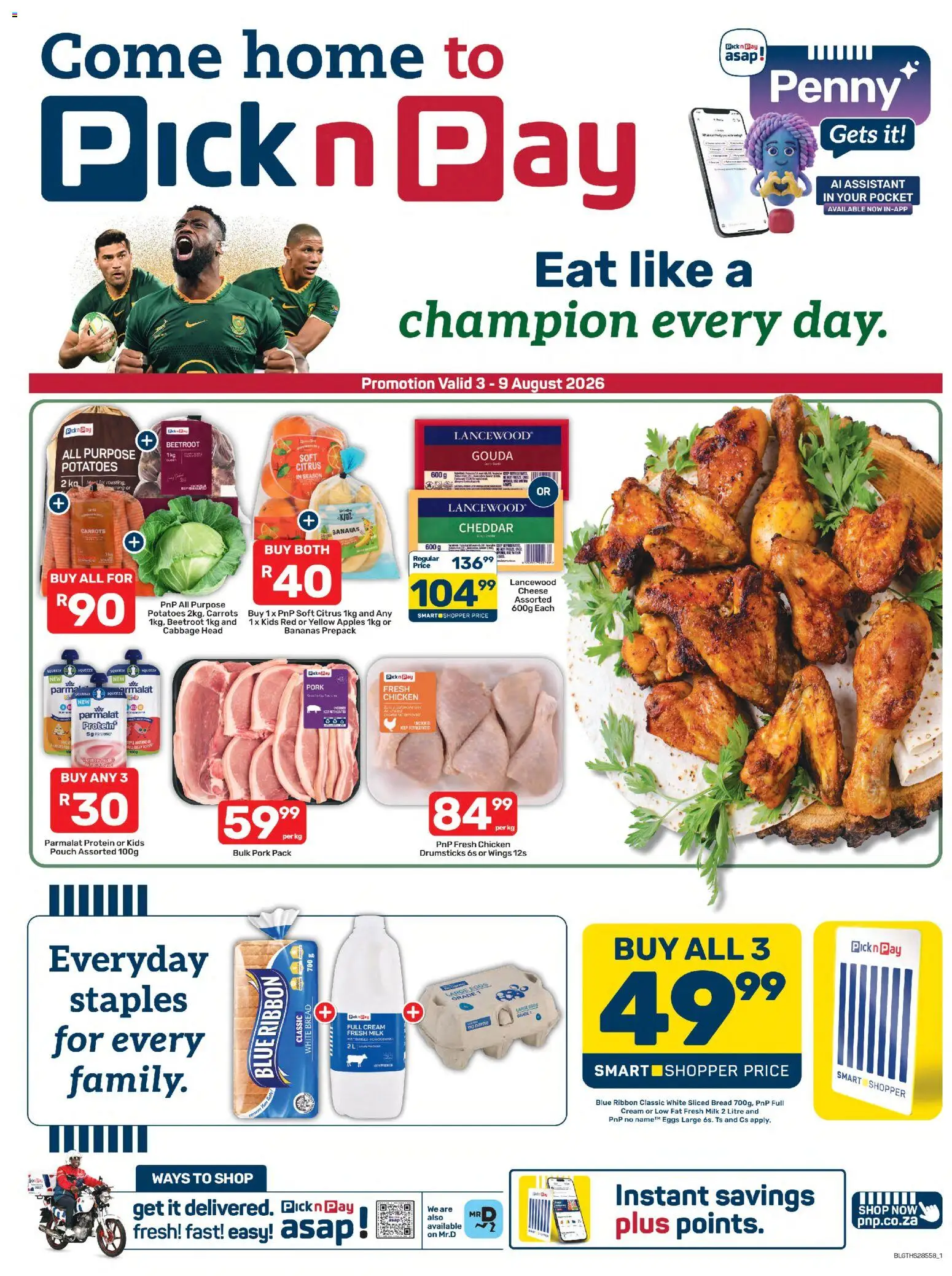 Preview of Pick n Pay flyer valid from 03/08/2026 - Apples, Eggs, Protein, Milk, Bread, Bananas, Carrots, Pork