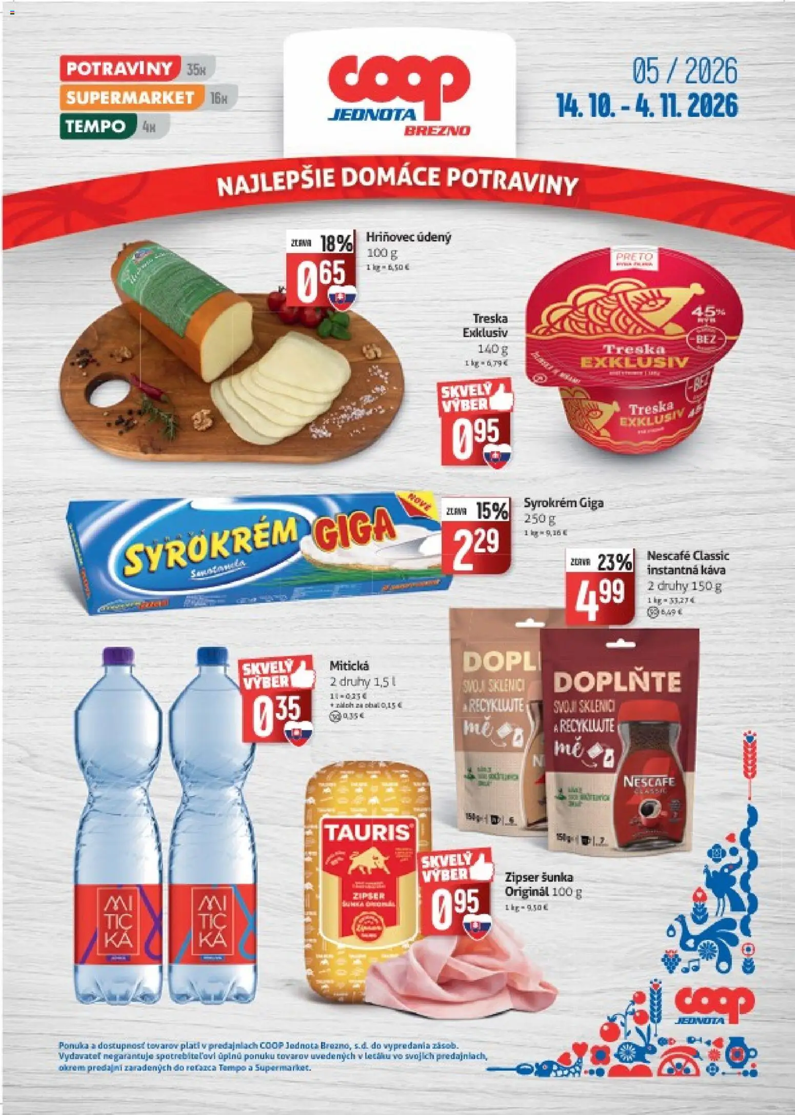 Náhľad COOP Jednota letáku platného od 14.10.2026 - Káva, Treska, Šunka, Instantná káva, Nescafé Classic, Mitická