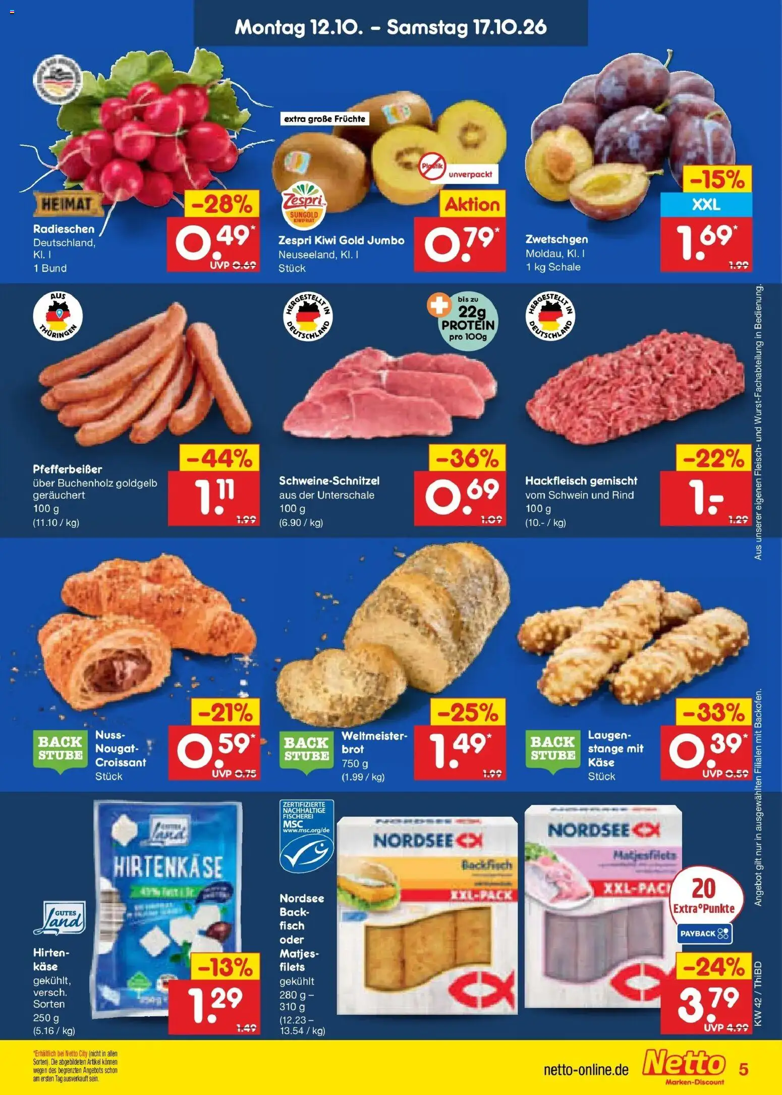 Vorschau von dem Prospekt des Geschäftes Netto Marken-Discount, gültig ab dem 12.10.2026 - Käse, Fisch, Croissant, Kiwi, Brot, Fleisch, Hackfleisch, Zwetschgen