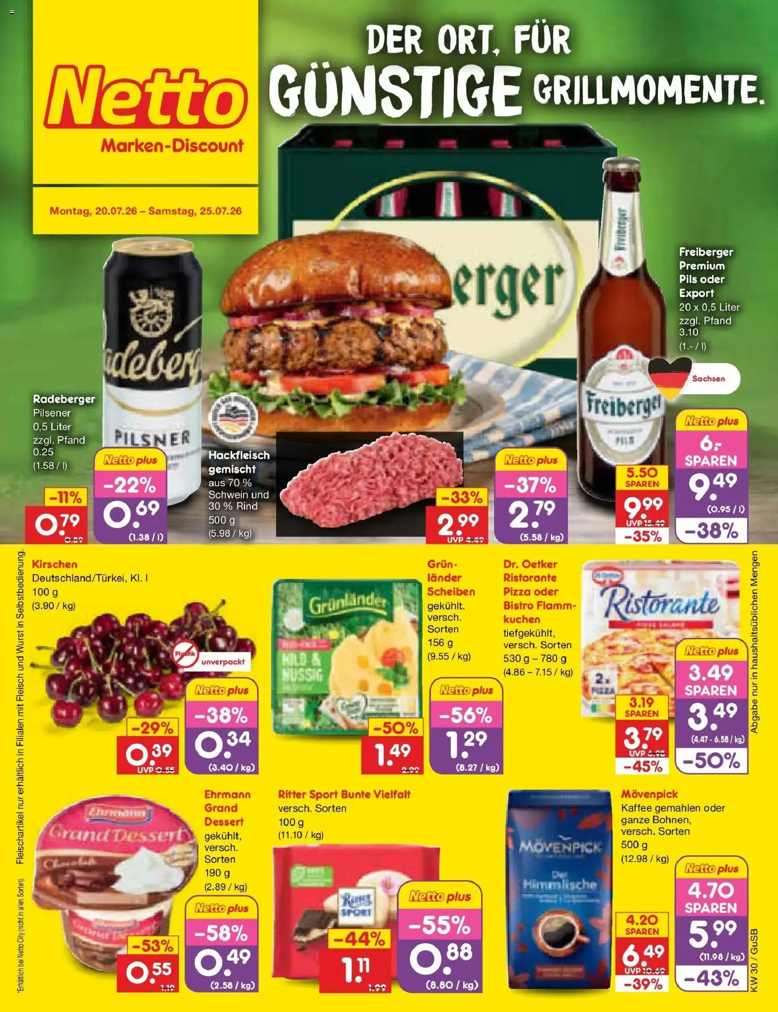 Vorschau von dem Prospekt des Geschäftes Netto Marken-Discount, gültig ab dem 20.07.2026 - Pizza, Kaffee, Ritter sport, Hackfleisch, Kirschen, Ristorante, Pils, Grunlander