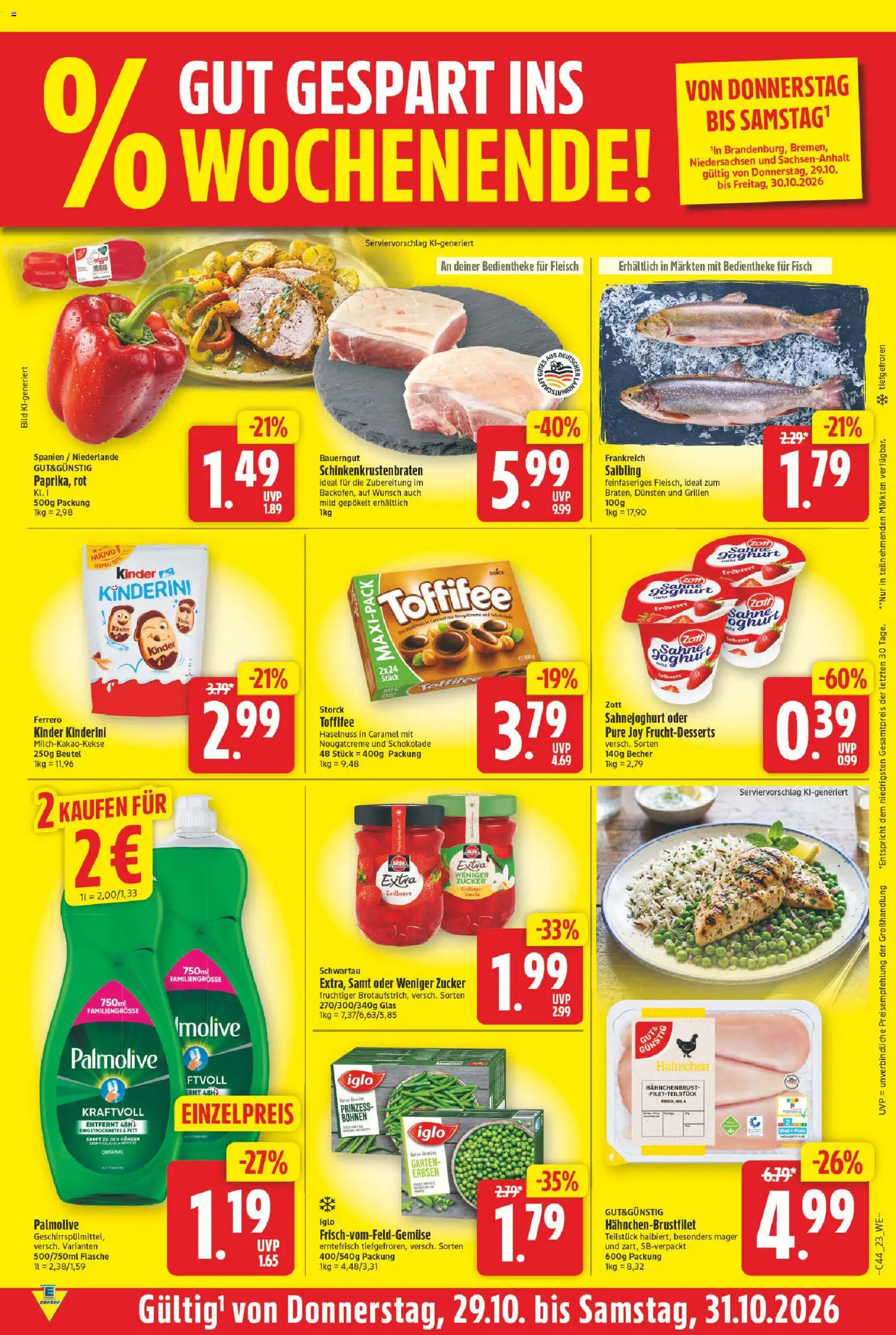 Vorschau von dem Prospekt des Geschäftes E center, gültig ab dem 26.10.2026 - Schokolade, Fisch, Joghurt, Zucker, Sahne, Vanille, Hahnchen, Hahnchenbrust