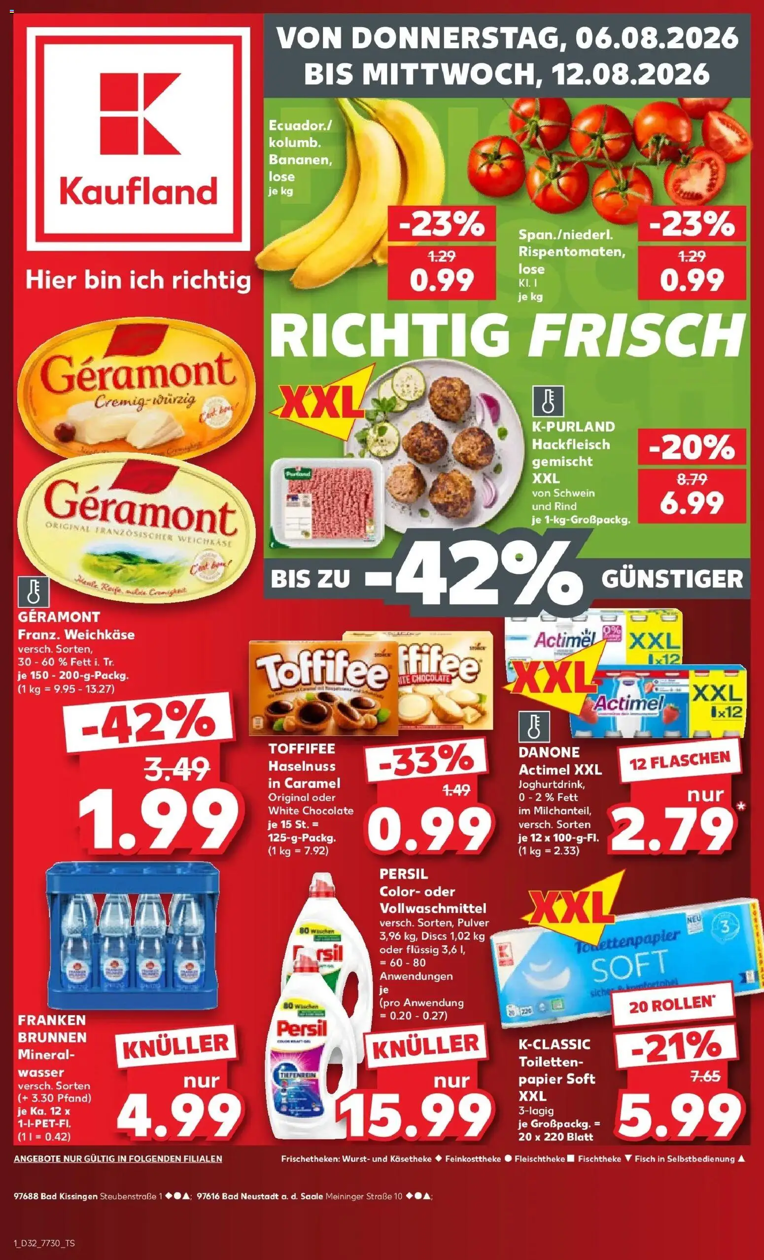 Vorschau von dem Prospekt des Geschäftes Kaufland, gültig ab dem 06.08.2026 - Wasser, Fisch, Bad, Hackfleisch, Toffifee, Actimel, Persil, Geramont