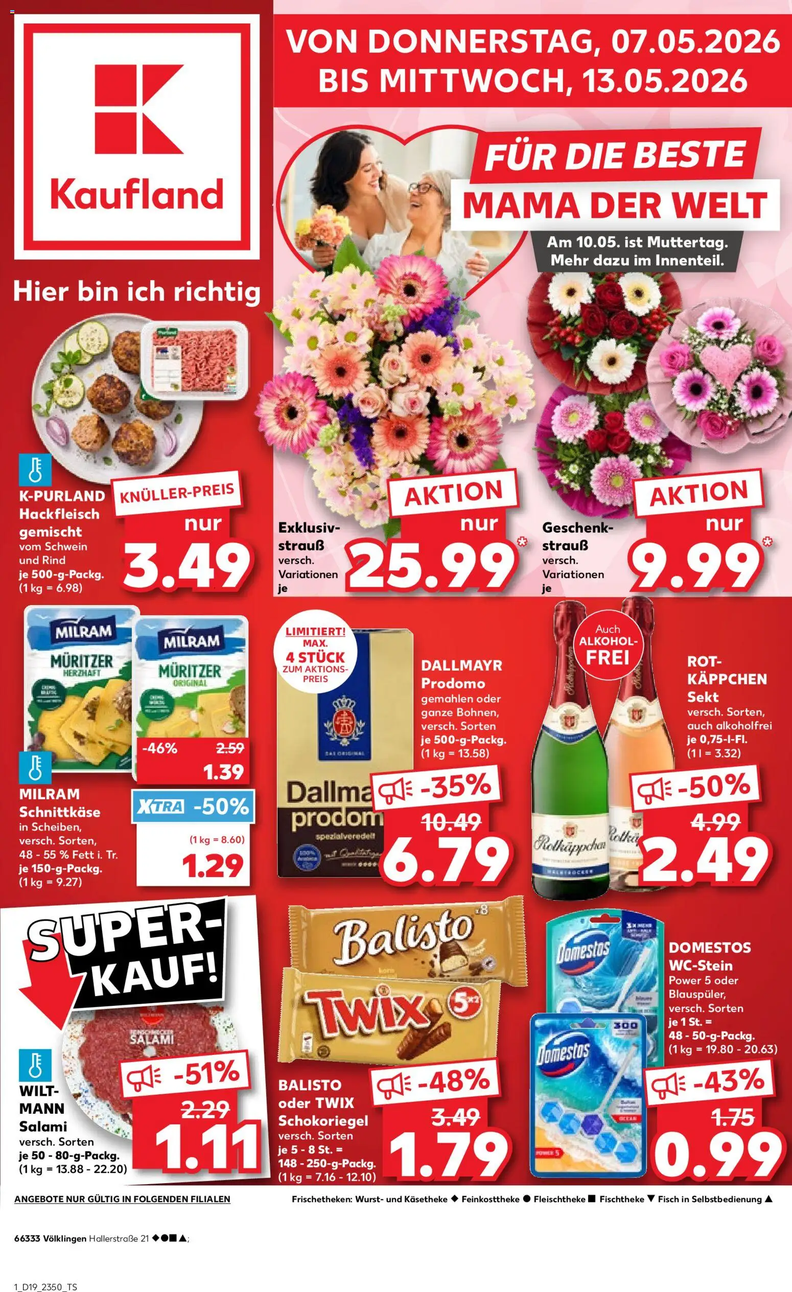 Vorschau von dem Prospekt des Geschäftes Kaufland, gültig ab dem 07.05.2026 - Wurst, Alkohol, Rotkäppchen, Hackfleisch, Salami, Sekt, Twix, Milram