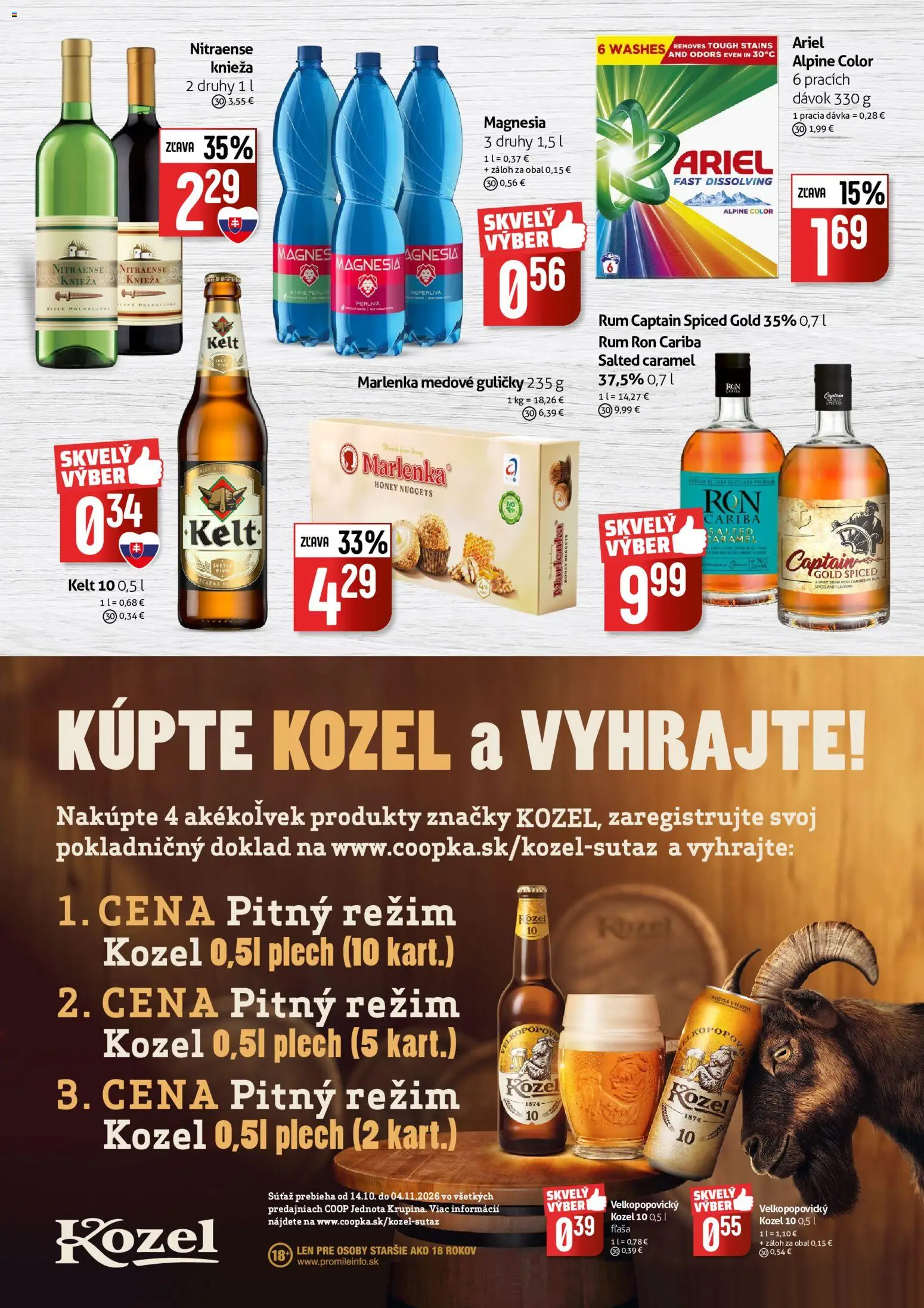 Náhľad COOP Jednota letáku platného od 22.10.2026 - Rum, Marlenka, Ariel, Kelt, Medové guličky, Magnesia