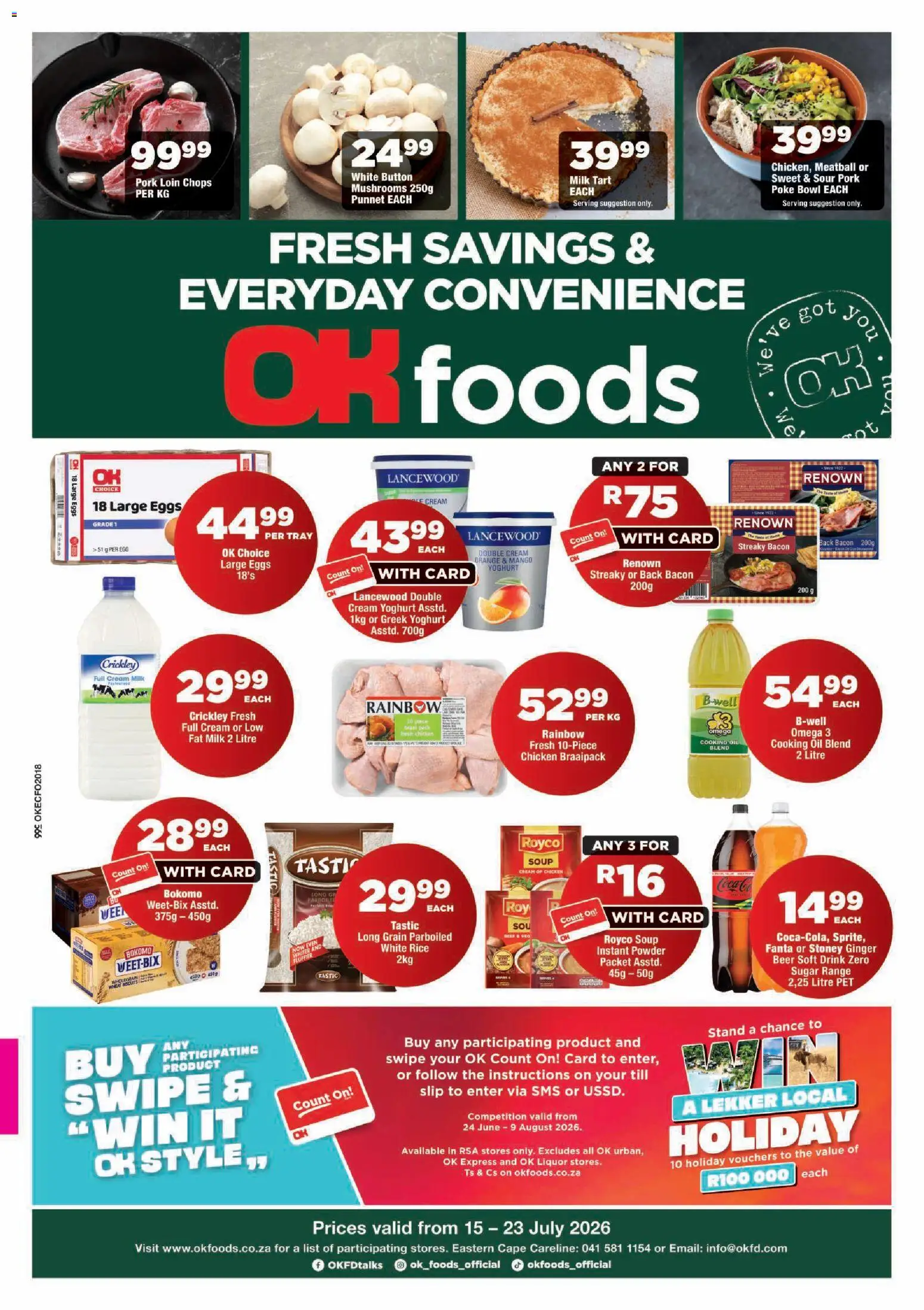 Preview of OK Foods flyer valid from 15/07/2026 - Milk, Oil, Biscuits, Mushrooms, Beer, Cream, Bacon, Tray