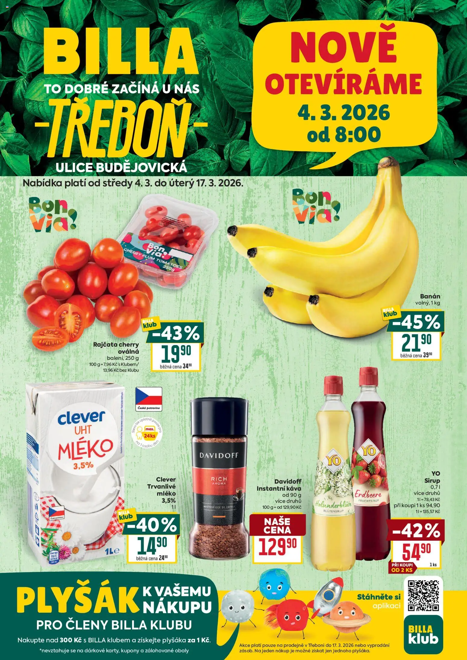 Náhled nabídky: Billa Billa leták - Třeboň platný od 04.03.2026 - Káva, Mléko, Banán, Plyšák, Rajčata, Sirup, Instantní káva, Clever