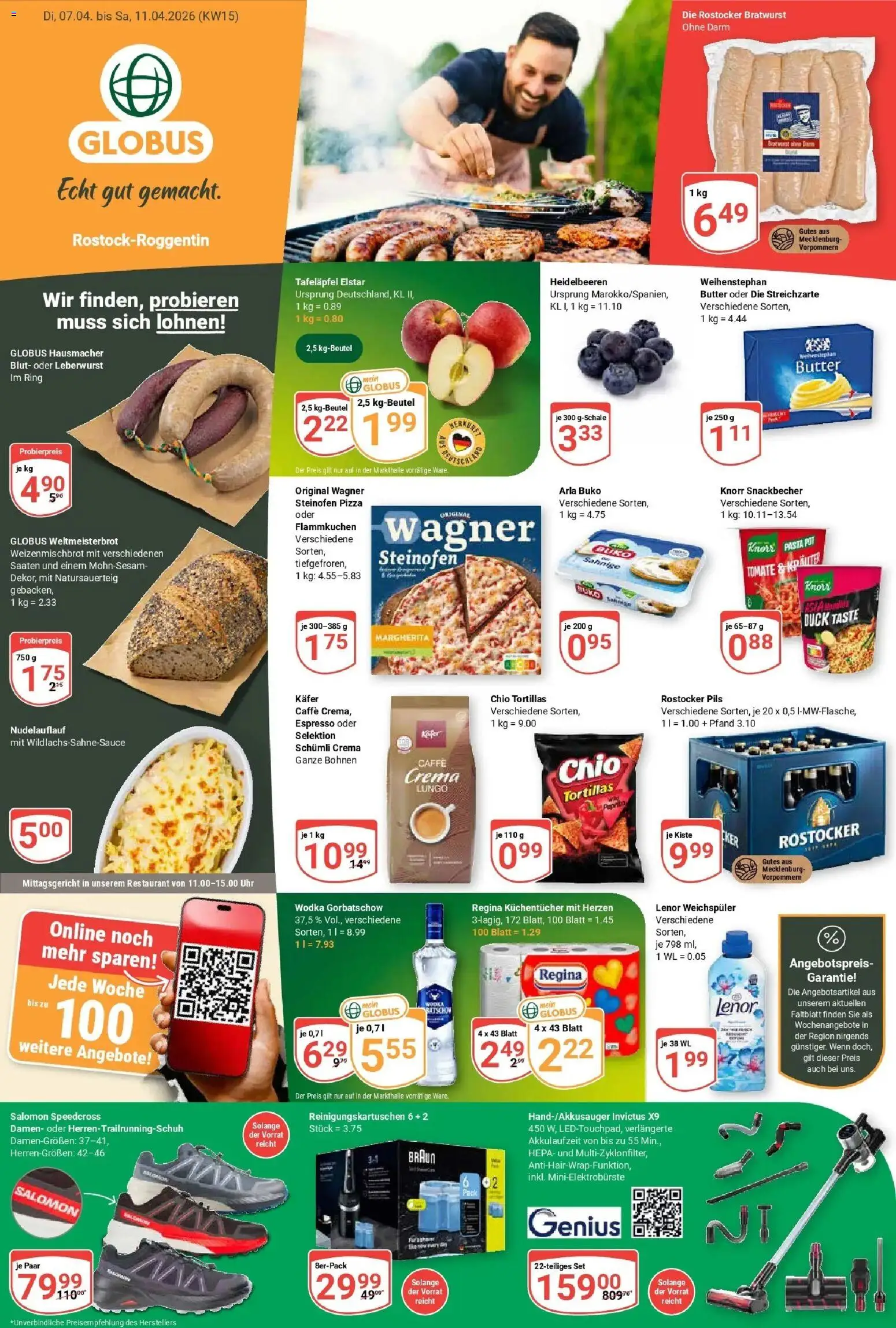 Vorschau von dem Prospekt des Geschäftes Globus, gültig ab dem 07.04.2026 - Butter, Pasta, Tortillas, Heidelbeeren, Wodka gorbatschow, Weichspüler, Knorr, Arla buko