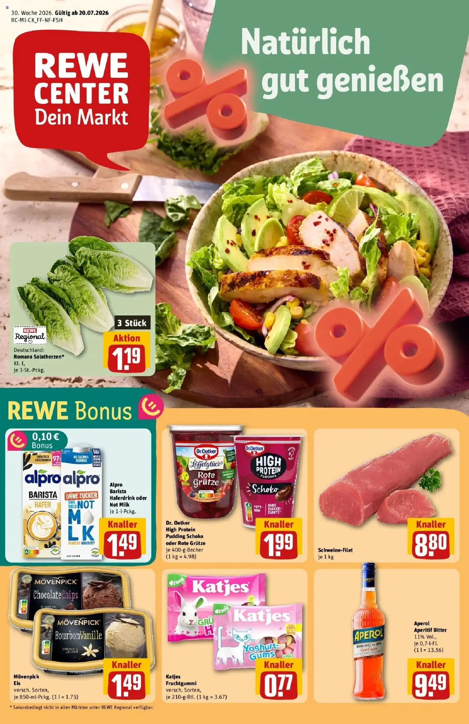Vorschau von dem Prospekt des Geschäftes Rewe, gültig ab dem 20.07.2026 - Aperol, Katjes, Schweinefilet, Zucker, Pudding, Alpro, Haferdrink