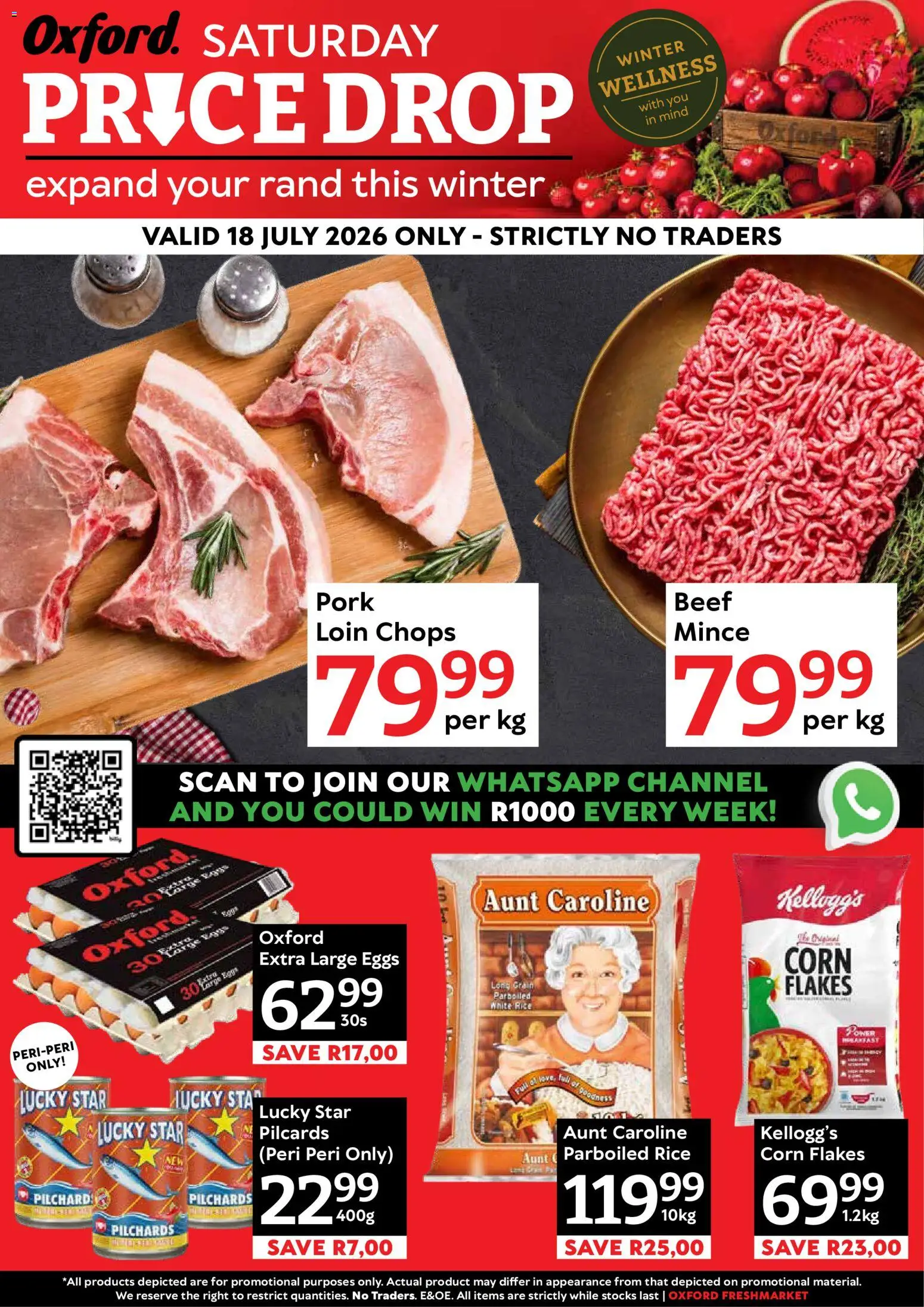 Preview of Oxford Freshmarket flyer valid from 18/07/2026 - Eggs, Corn, Rice, Corn flakes, Pork, Beef, Pilchards, Flakes