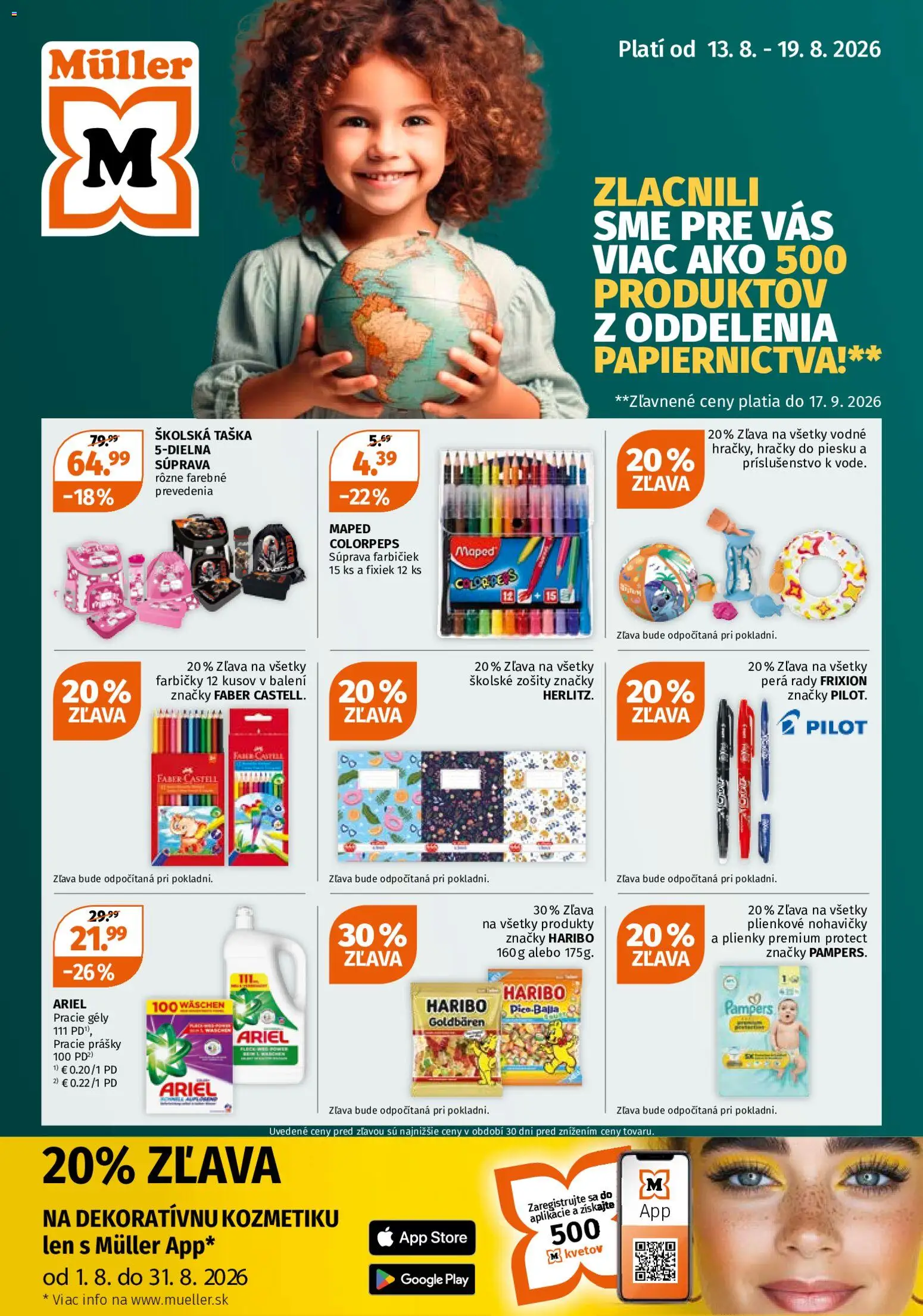Náhľad Müller letáku platného od 13.08.2026 - Hračky, Ariel, Nohavičky, Taška, Pampers, Plienky, Zošity