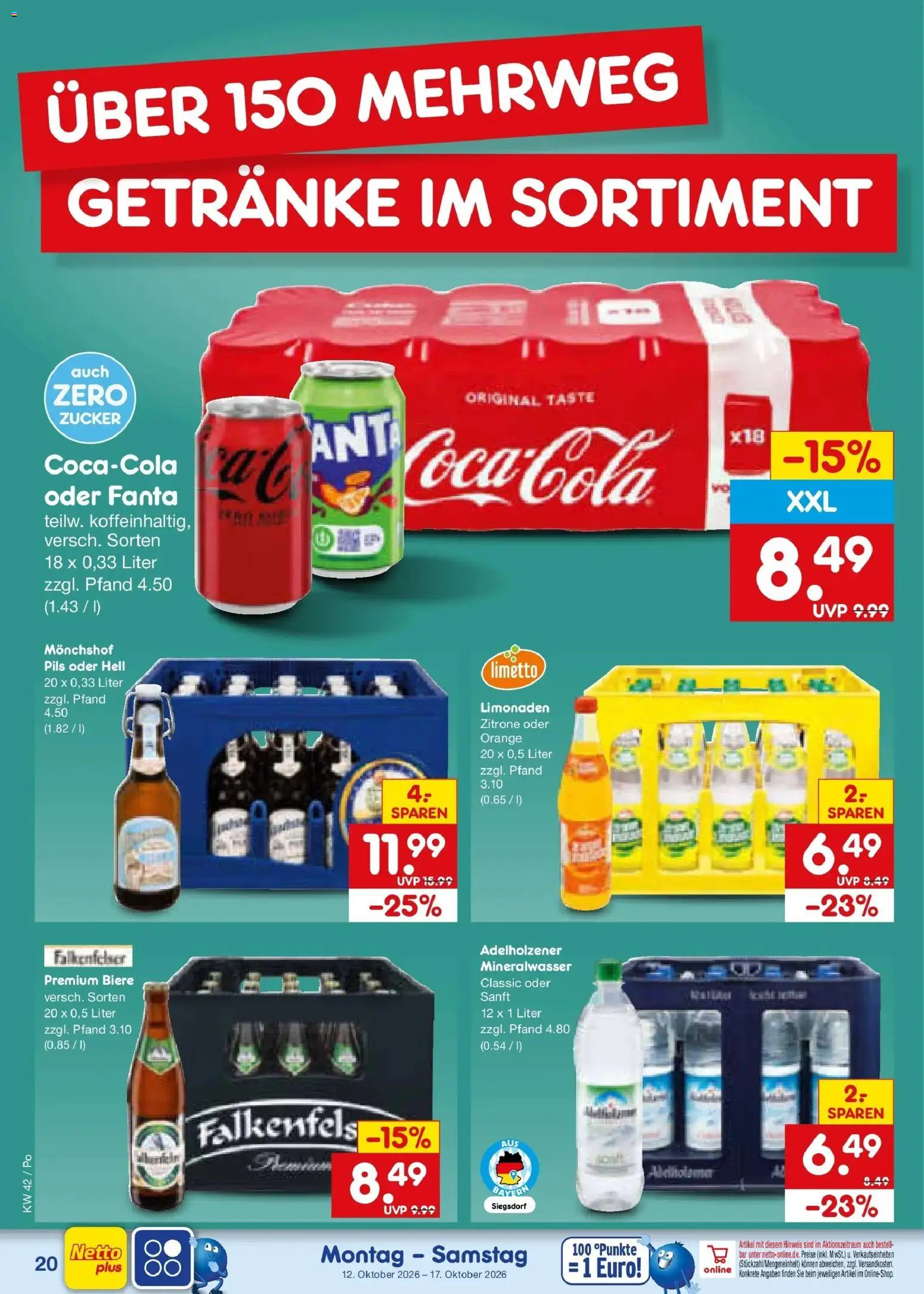 Vorschau von dem Prospekt des Geschäftes Netto Marken-Discount, gültig ab dem 12.10.2026 - Mineralwasser, Zucker, Zitrone, Fanta, Adelholzener, Monchshof, Pils
