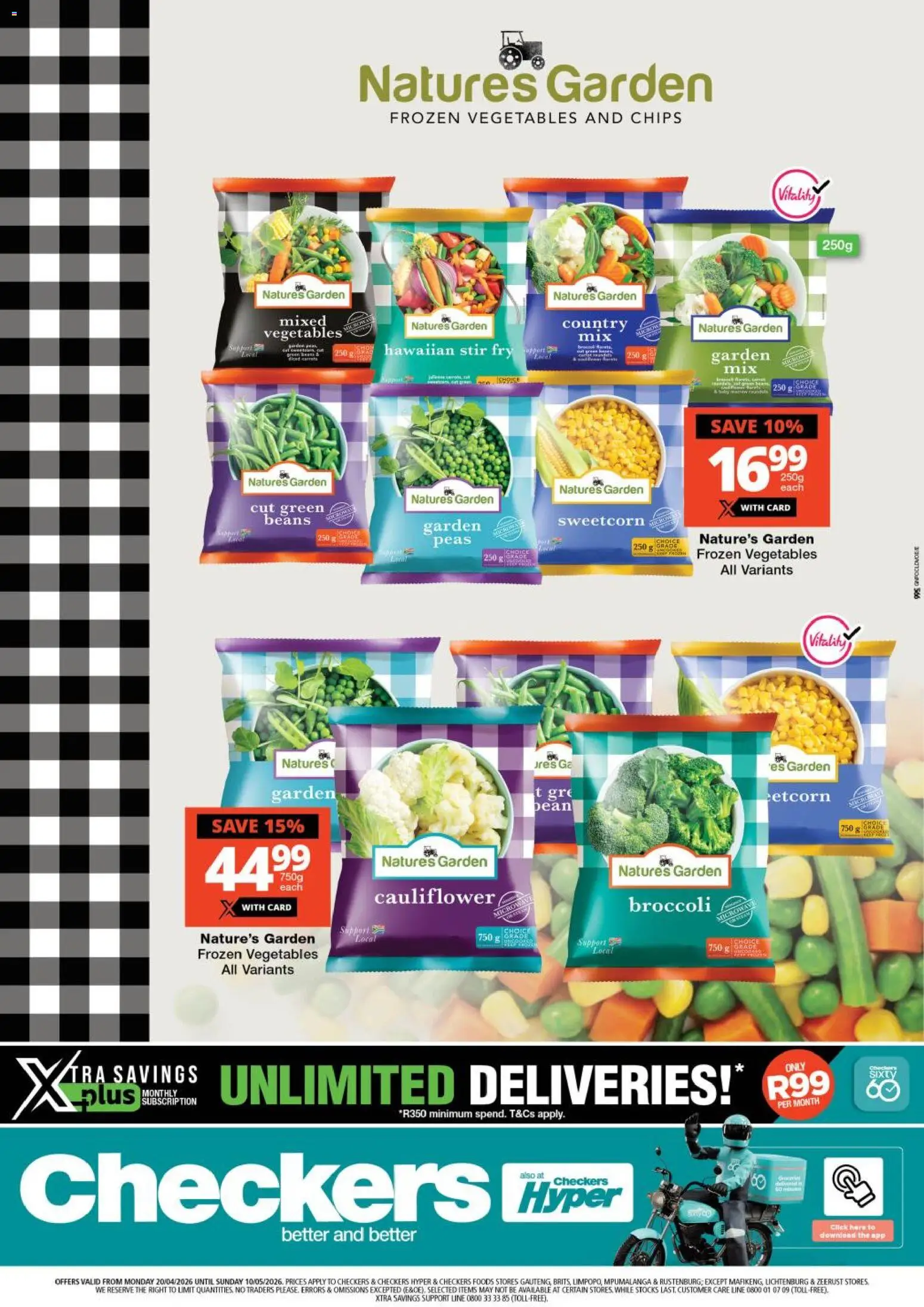 Preview of Checkers flyer valid from 20/04/2026 - Vegetables, Broccoli, Chips, Cauliflower, Beans, Frozen vegetables