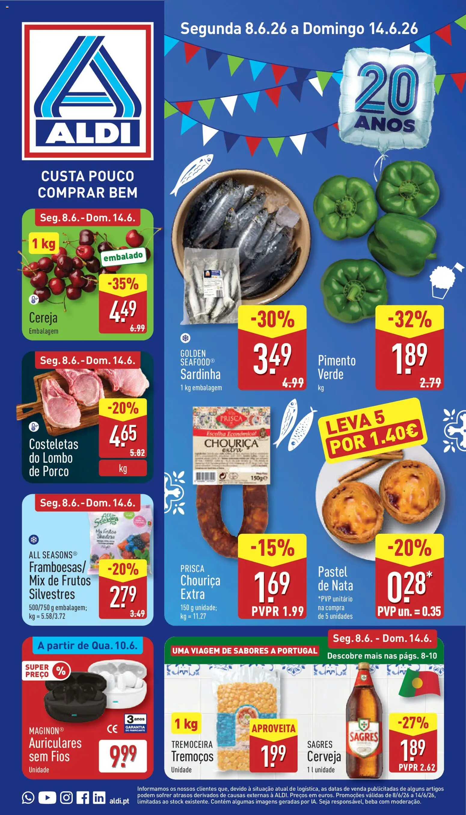 Pré-visualização do folheto da loja Aldi válida a partir de 08/06/2026 - Cerveja, Nata, Tremoços, Framboesas, Cereja, Pimento, Lombo
