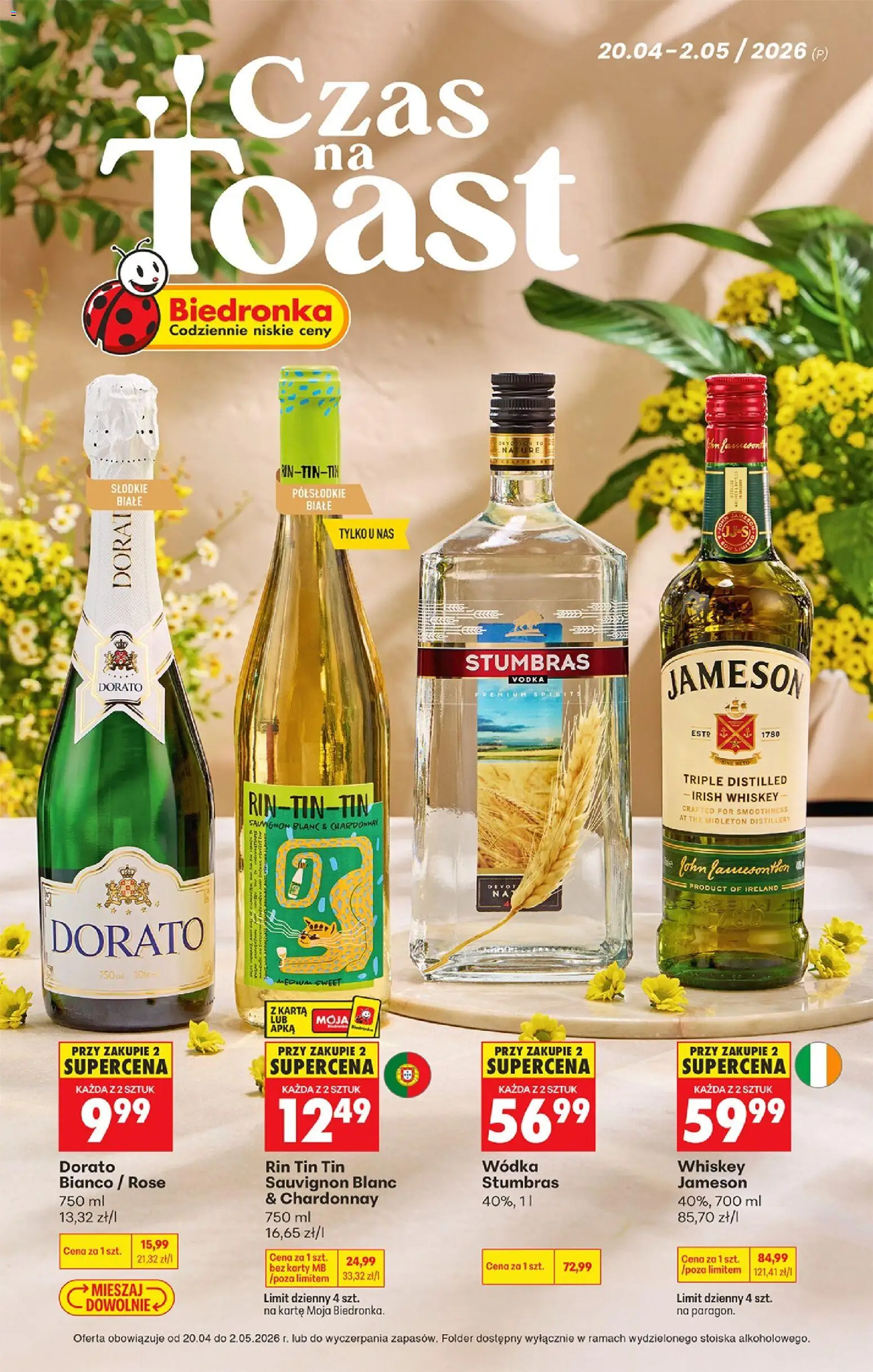 Pogląd gazetki "Biedronka gazetka - Czas na toast" ze sklepu Biedronka ważnej od 20.04.2026 - Wódka, Karta, Jameson, Chardonnay, Wódka Stumbras, Sauvignon Blanc, Vodka, Irish whiskey