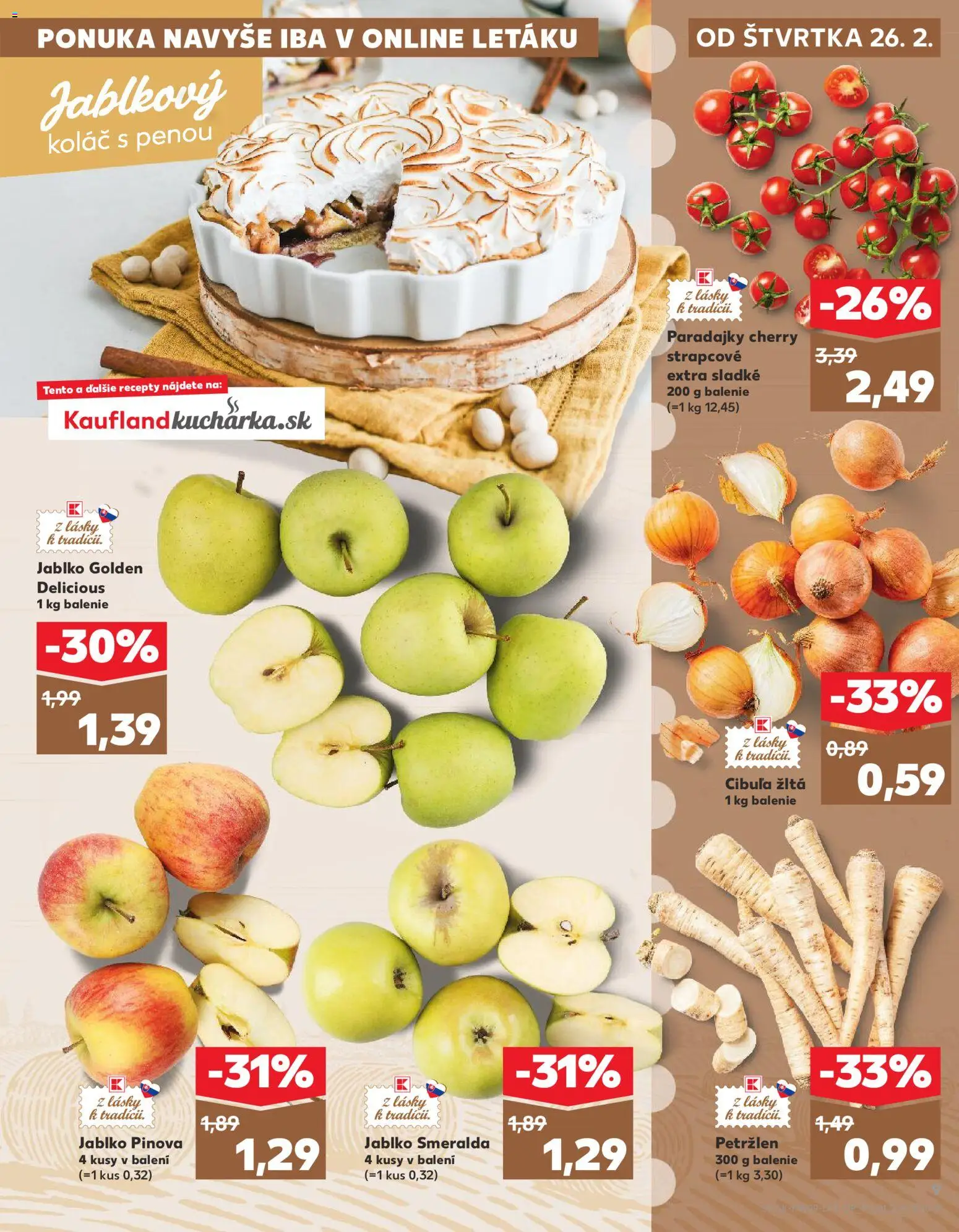 Náhľad Kaufland letáku platného od 26.02.2026 - Apple, Koláč, Paradajky, Cibuľa, Petržlen