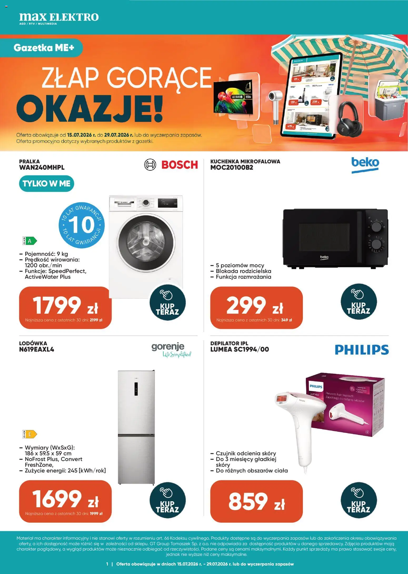 Pogląd gazetki "Max elektro gazetka" ze sklepu Max elektro ważnej od 15.07.2026 - Lodówka, Pralka, Depilator, Kuchenka mikrofalowa, Kuchenka
