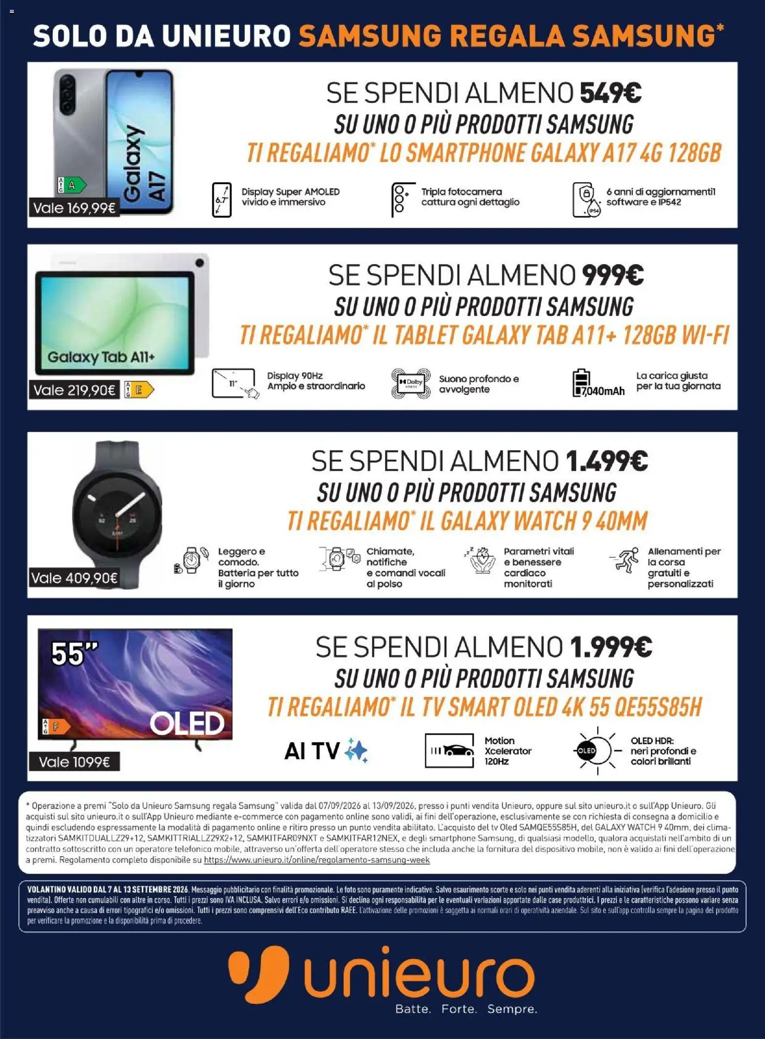 Anteprima dell'opuscolo Unieuro volantino Samsung dal negozio Unieuro valido da 07/09/2026 - Samsung, Smartphone, TV, Tablet, Batteria, Fotocamera