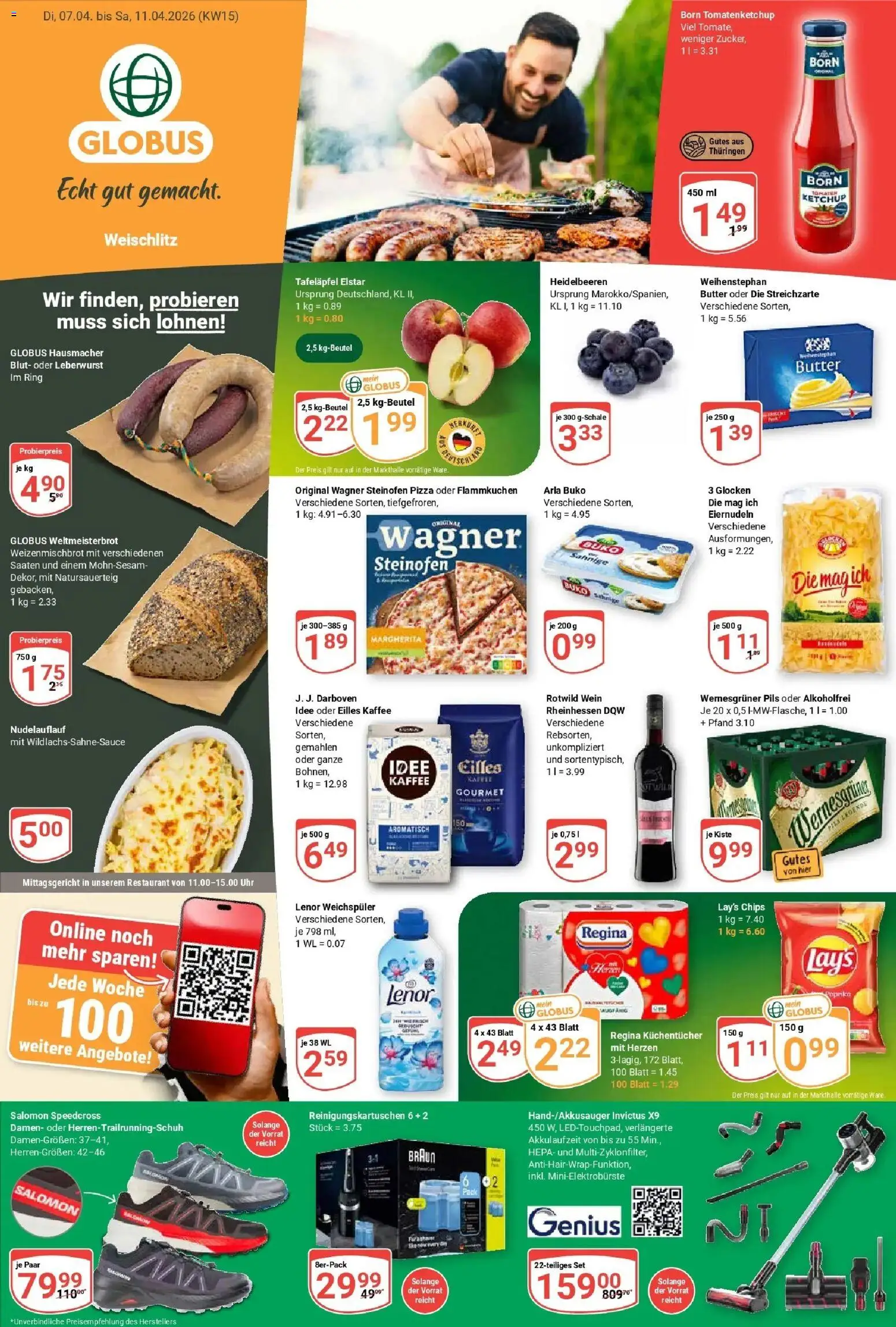 Vorschau von dem Prospekt des Geschäftes Globus, gültig ab dem 07.04.2026 - Kaffee, Chips, Wein, Heidelbeeren, Ketchup, Eilles kaffee, Pils, Wernesgruner