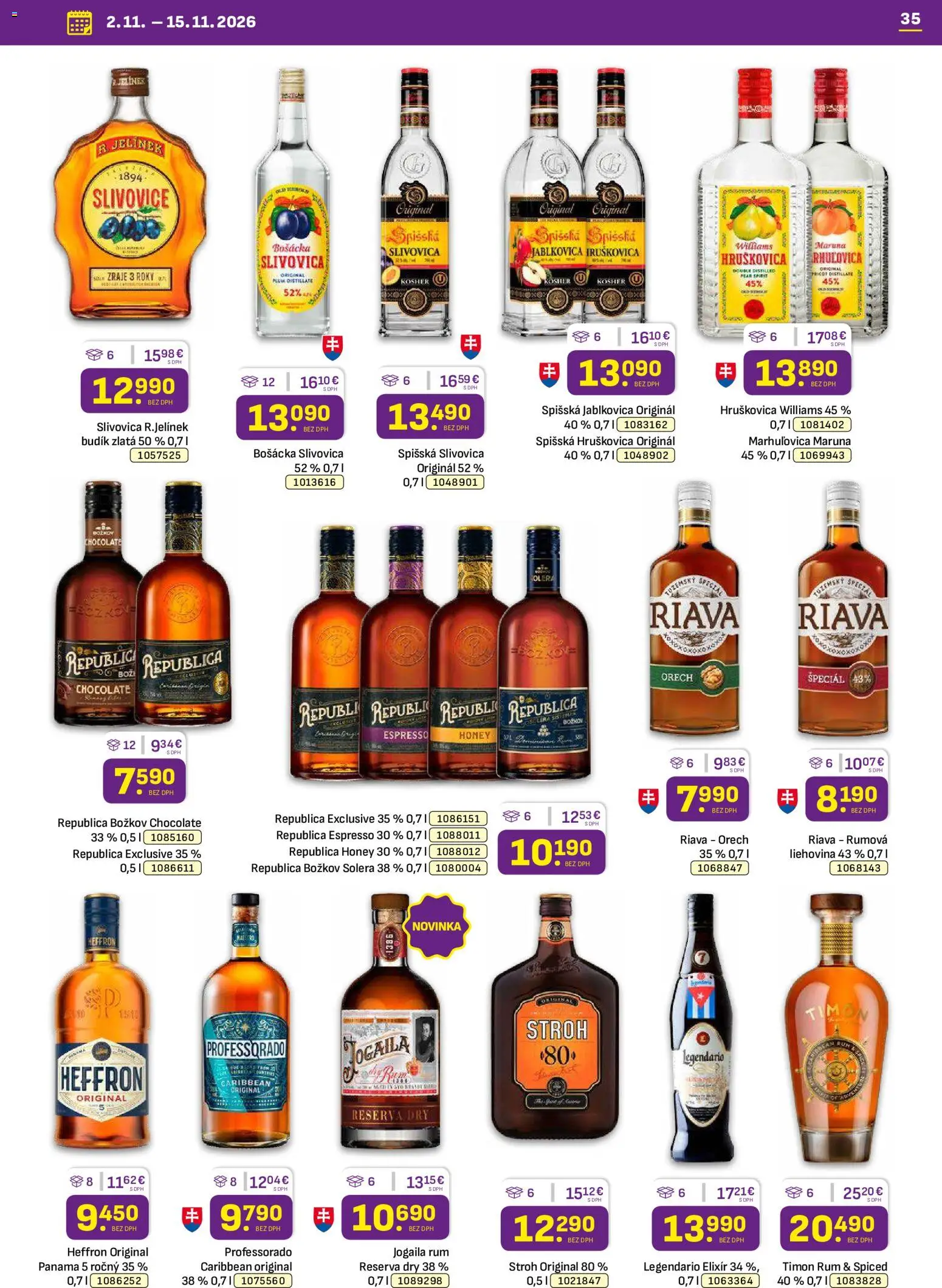 Náhľad Libex letáku platného od 02.11.2026 - Soľ, Slivovica, Bošácka slivovica, Legendario, Hruškovica, Božkov, Republica, Republica Honey