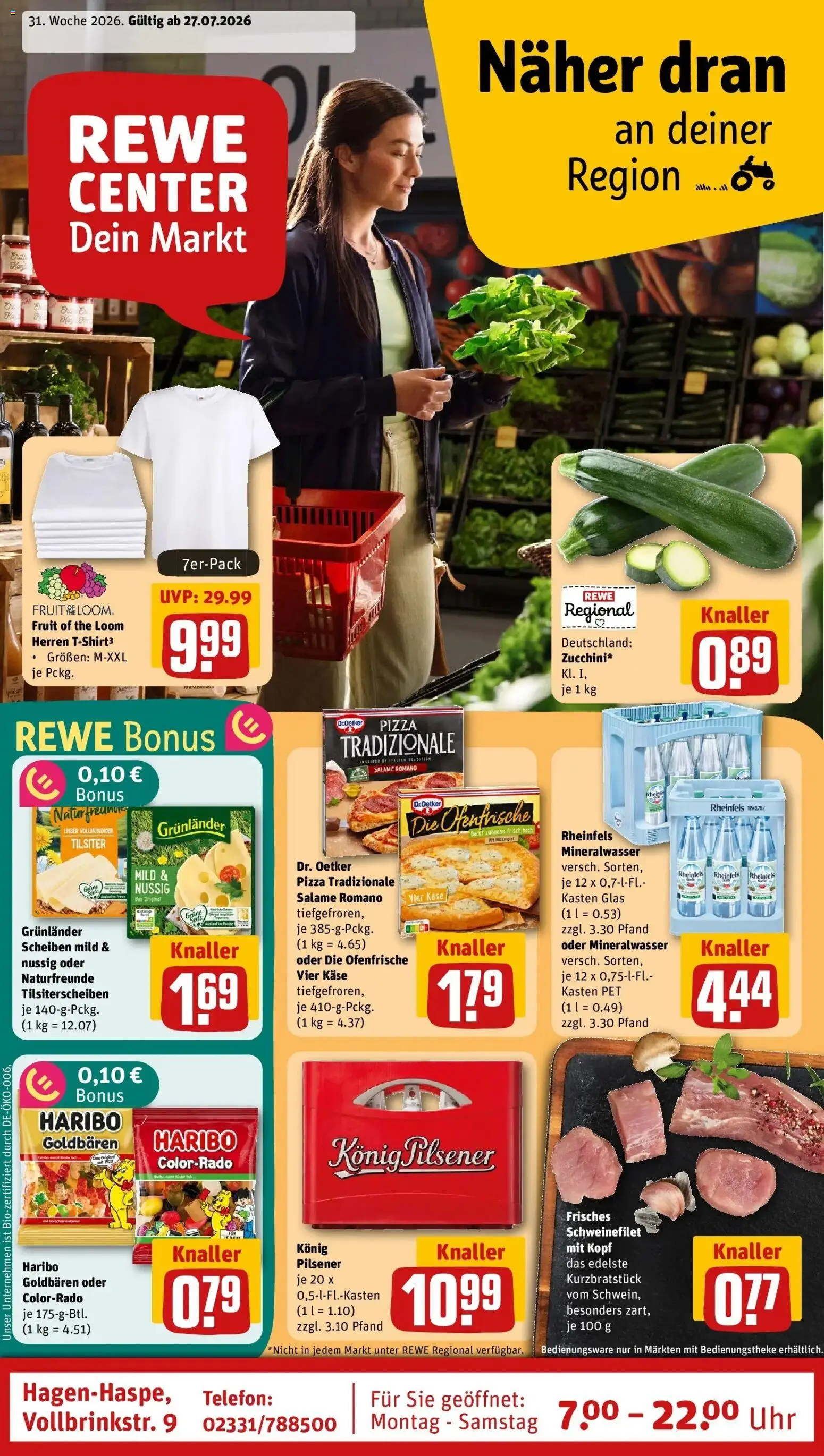 Vorschau von dem Prospekt des Geschäftes Rewe, gültig ab dem 27.07.2026 - Pizza, Uhr, Telefon, Käse, Mineralwasser, Schweinefilet, Ofenfrische, Grunlander
