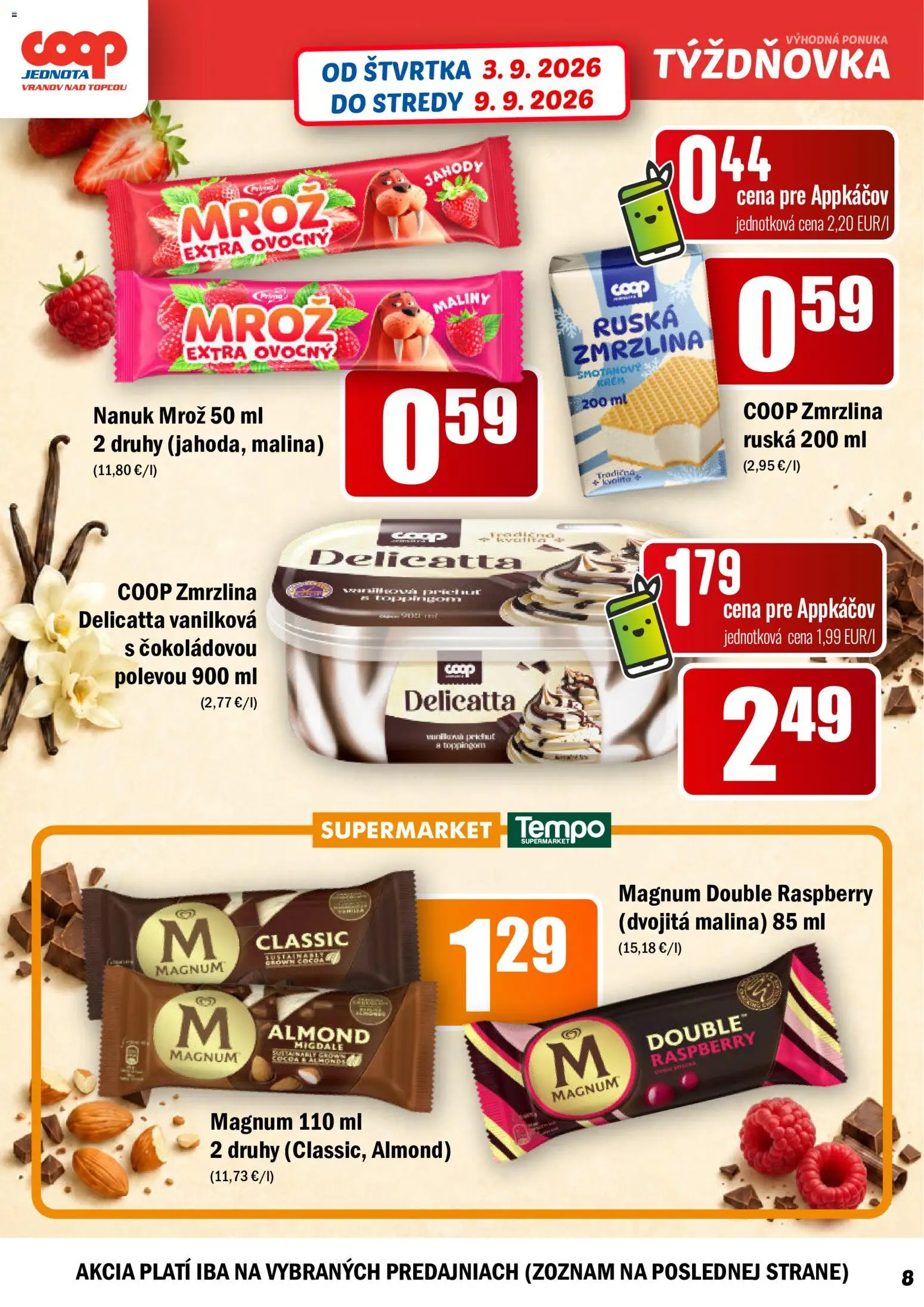 Náhľad COOP Jednota letáku platného od 03.09.2026 - Zmrzlina, Jahody, Magnum, Maliny, Nanuk, Krém