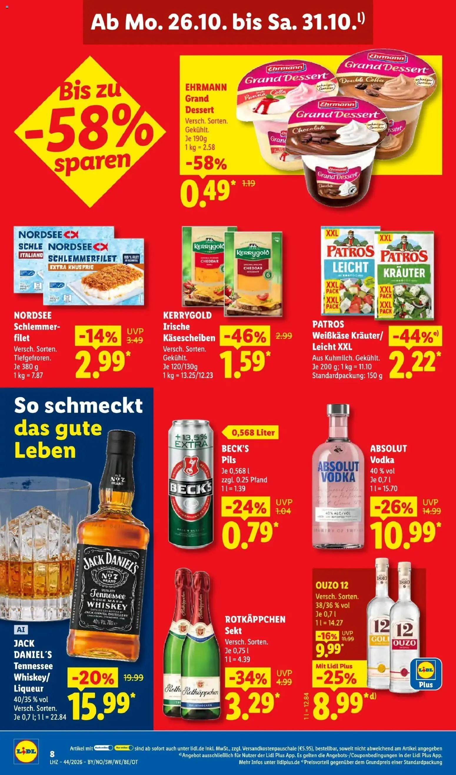 Vorschau von dem Prospekt des Geschäftes Lidl, gültig ab dem 26.10.2026 - Rotkäppchen, Feta, Ouzo, Whiskey, Pils, Jack Daniel's, Ehrmann grand dessert, Rotkappchen sekt