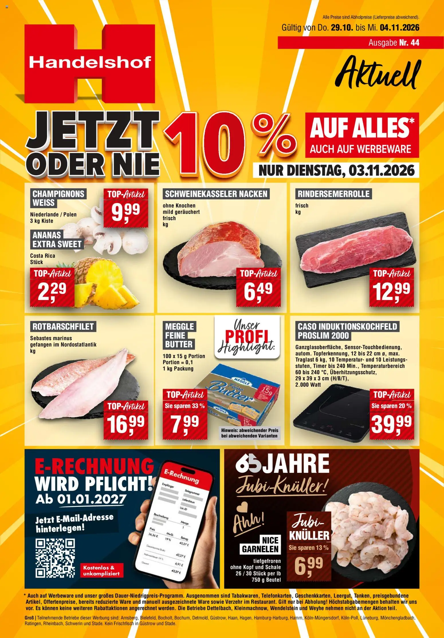 Vorschau von dem Prospekt des Geschäftes Handelshof, gültig ab dem 29.10.2026 - Butter, Garnelen, Ananas, Champignons, Meggle butter