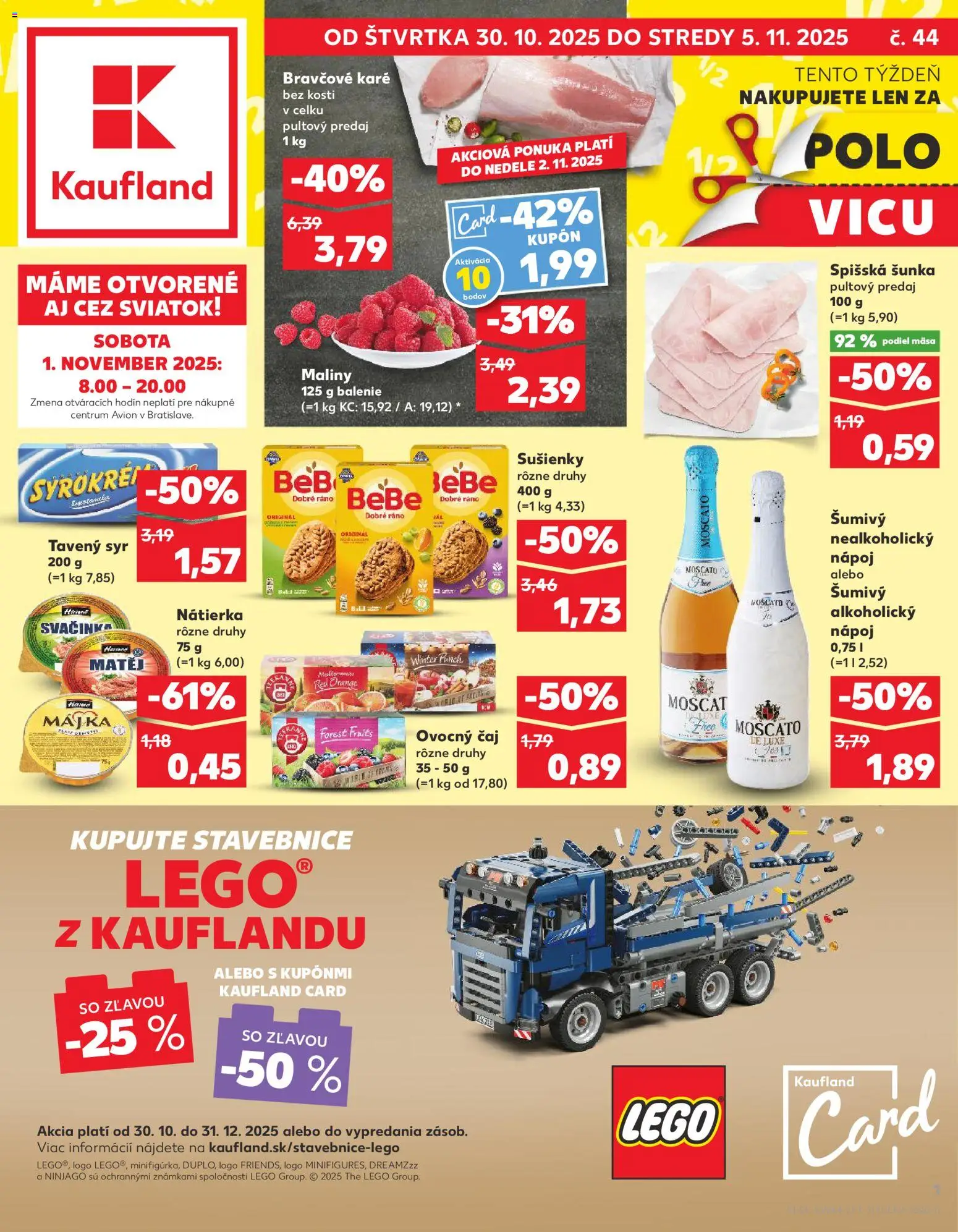 Náhľad Kaufland letáku platného od 30.10.2025 - Syr, Bravčové karé, Čaj, Maliny, Nátierka, Teekanne, Sušienky, LEGO stavebnice
