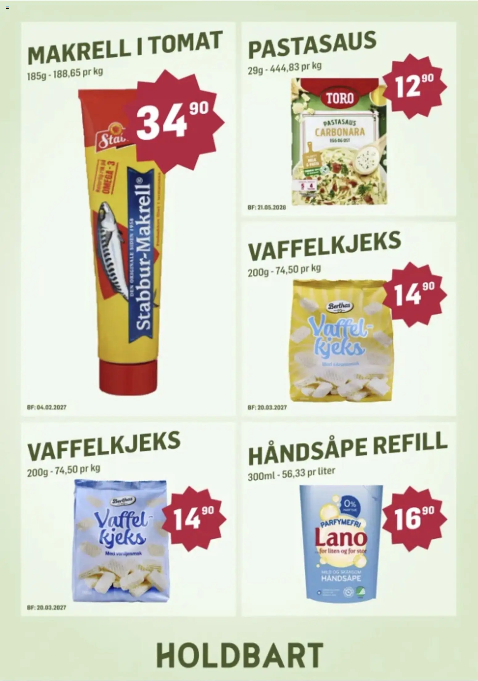 Forhåndsvis Holdbart kundeavis fra butikk Holdbart gyldig fra 18/10/2026 - Håndsåpe, Ost, Egg, Pastasaus, Makrell i tomat, Tomat, Makrell, Omega 3