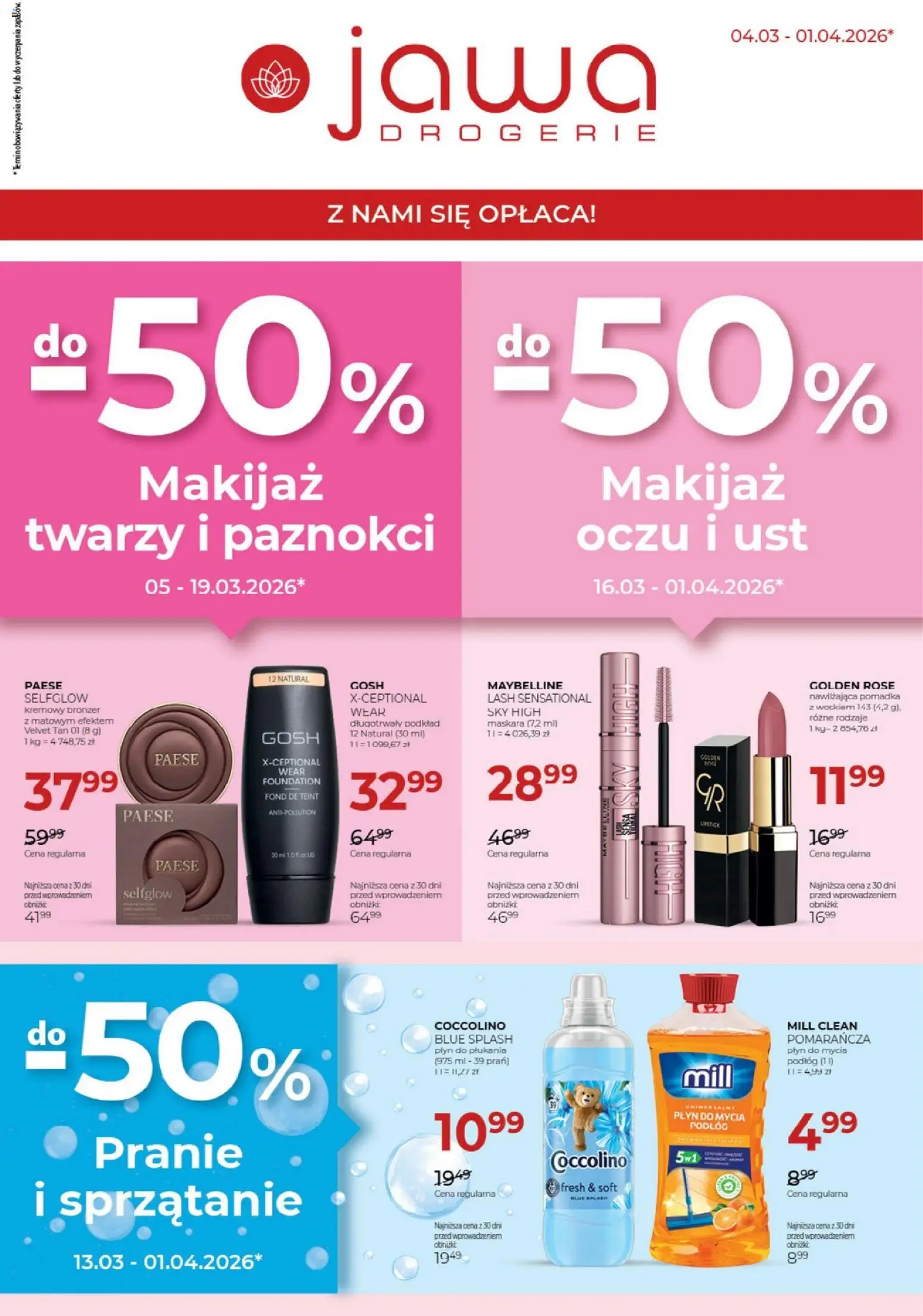 Pogląd gazetki "Jawa gazetka" ze sklepu Jawa ważnej od 04.03.2026 - Makijaż, Płyn do płukania, Bronzer, Coccolino, Pomadka, Maskara, Płyn do mycia podłóg
