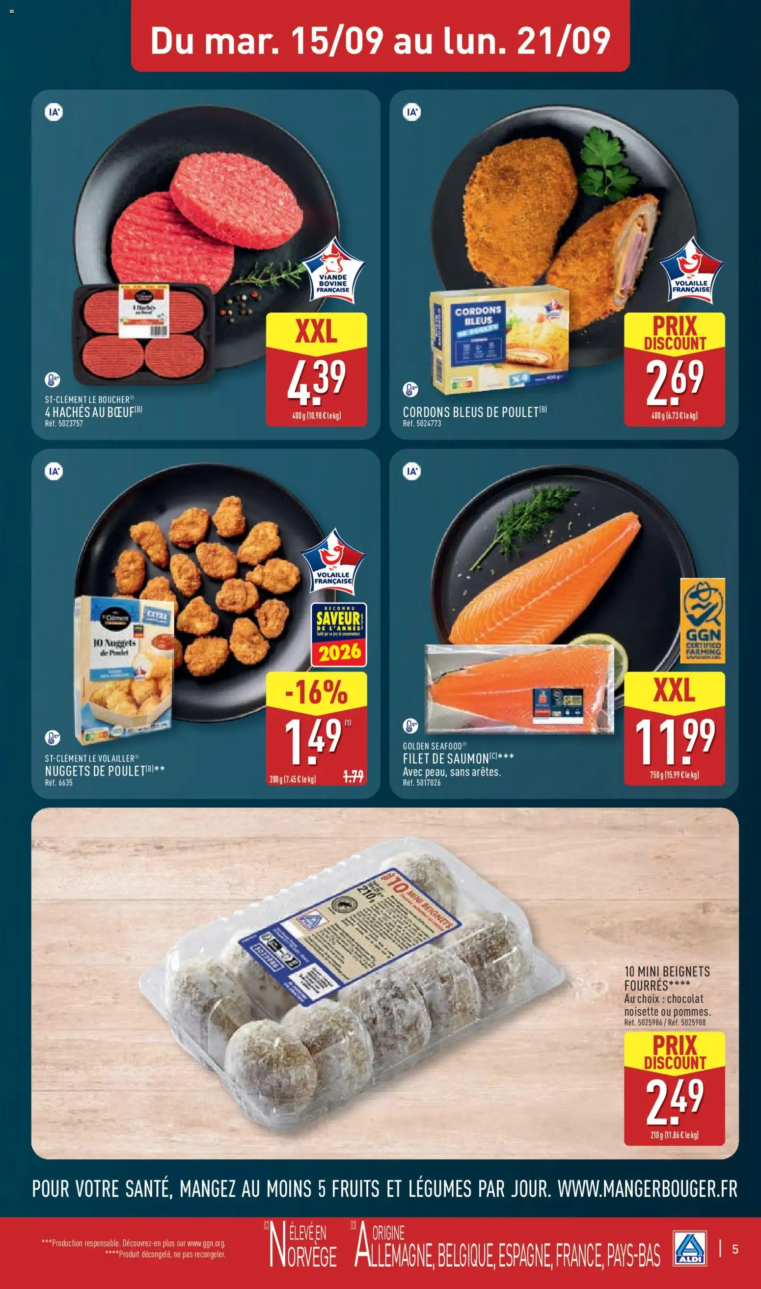 Prévisualisation de Aldi catalogue du magasin Aldi formulaire valide 15/09/2026 - Chocolat, Poulet, Fruits, Saumon, Nuggets, Filet de saumon, Viande bovine, Nuggets de poulet