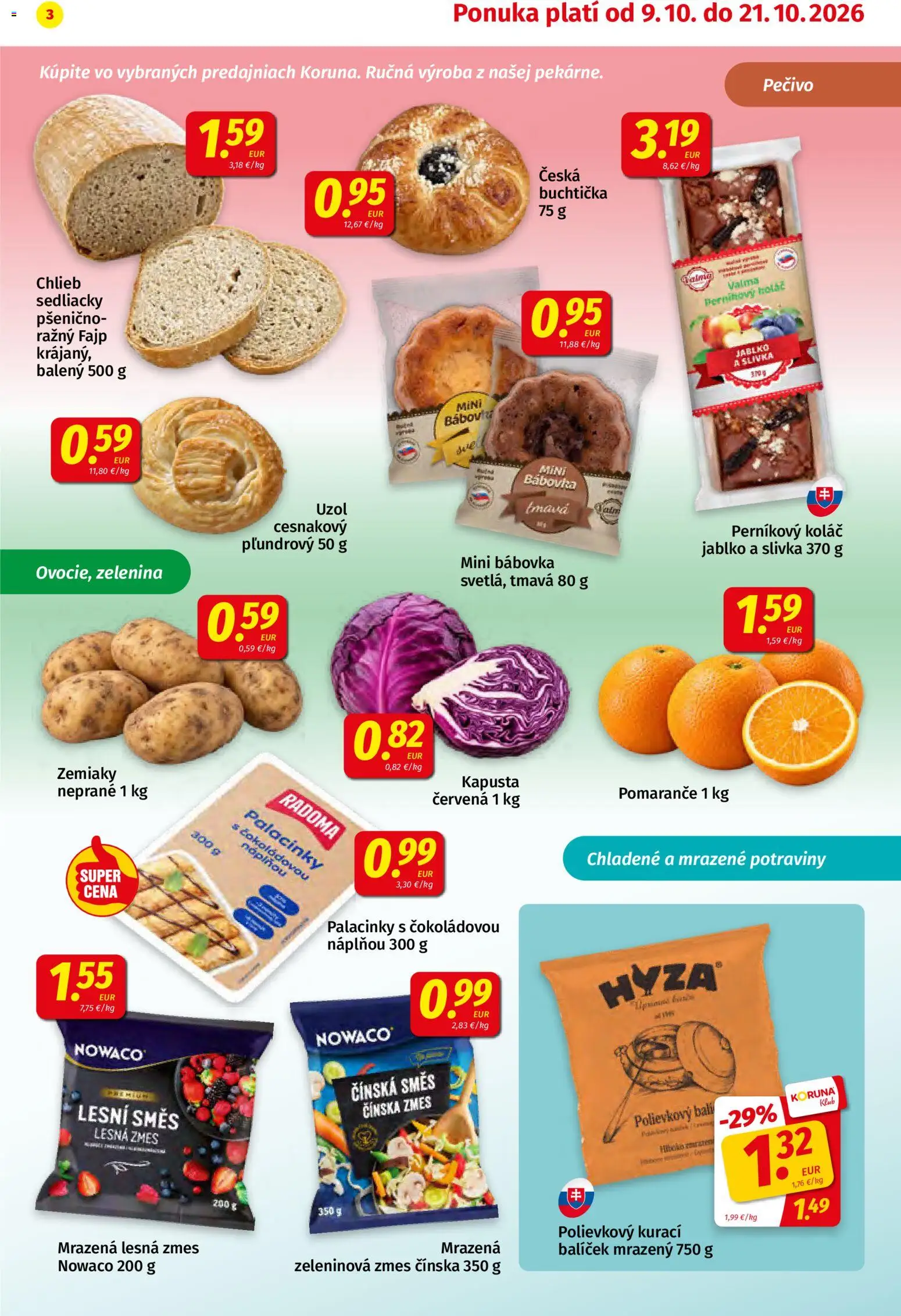 Náhľad Koruna letáku platného od 09.10.2026 - Koláč, Zelenina, Chlieb, Kapusta, Zemiaky, Pečivo, Pomaranče, Kapusta červená