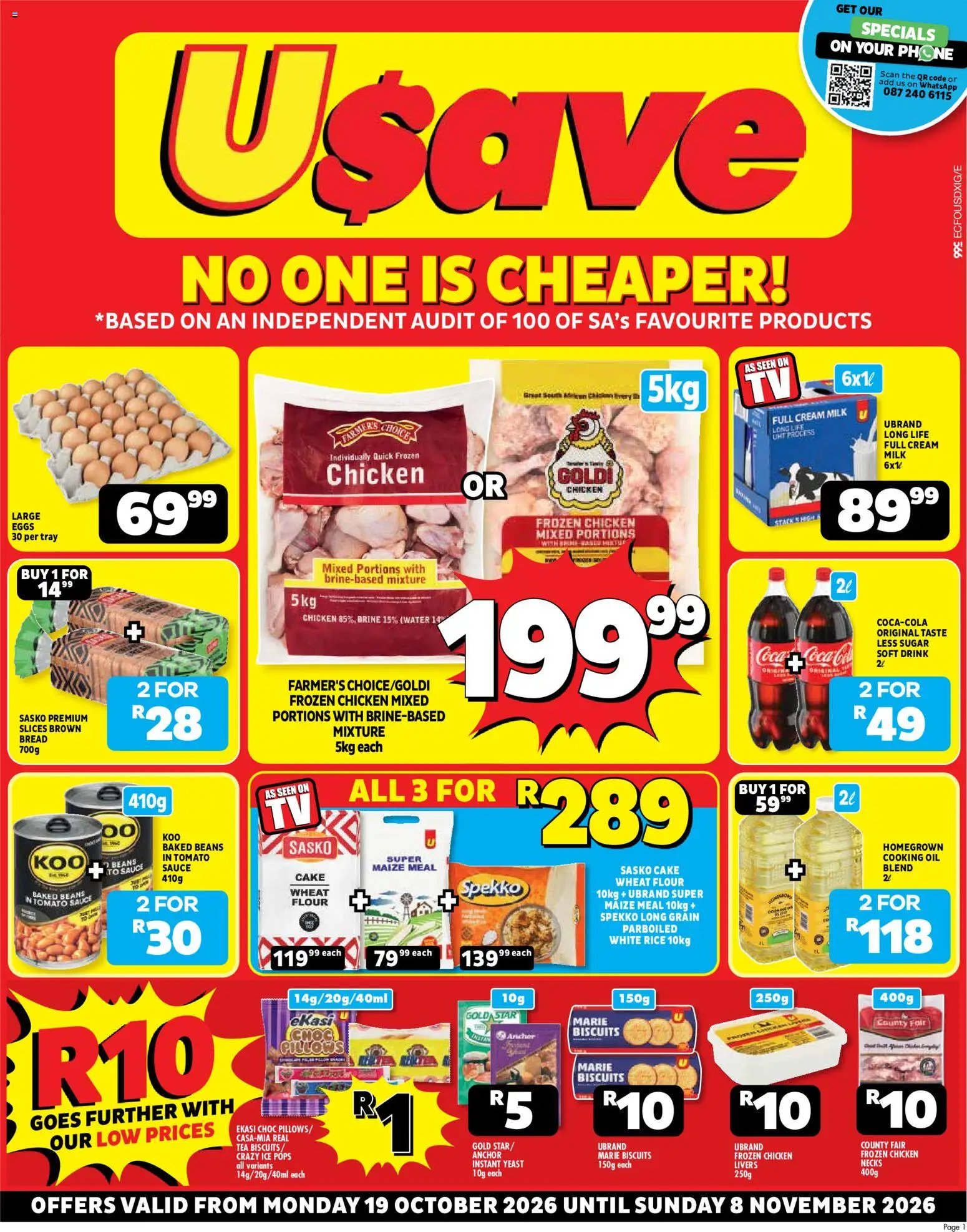 Preview of Usave flyer valid from 19/10/2026 - Chicken, Eggs, Biscuits, Rice, Cream, Beans, Baked beans, Frozen chicken