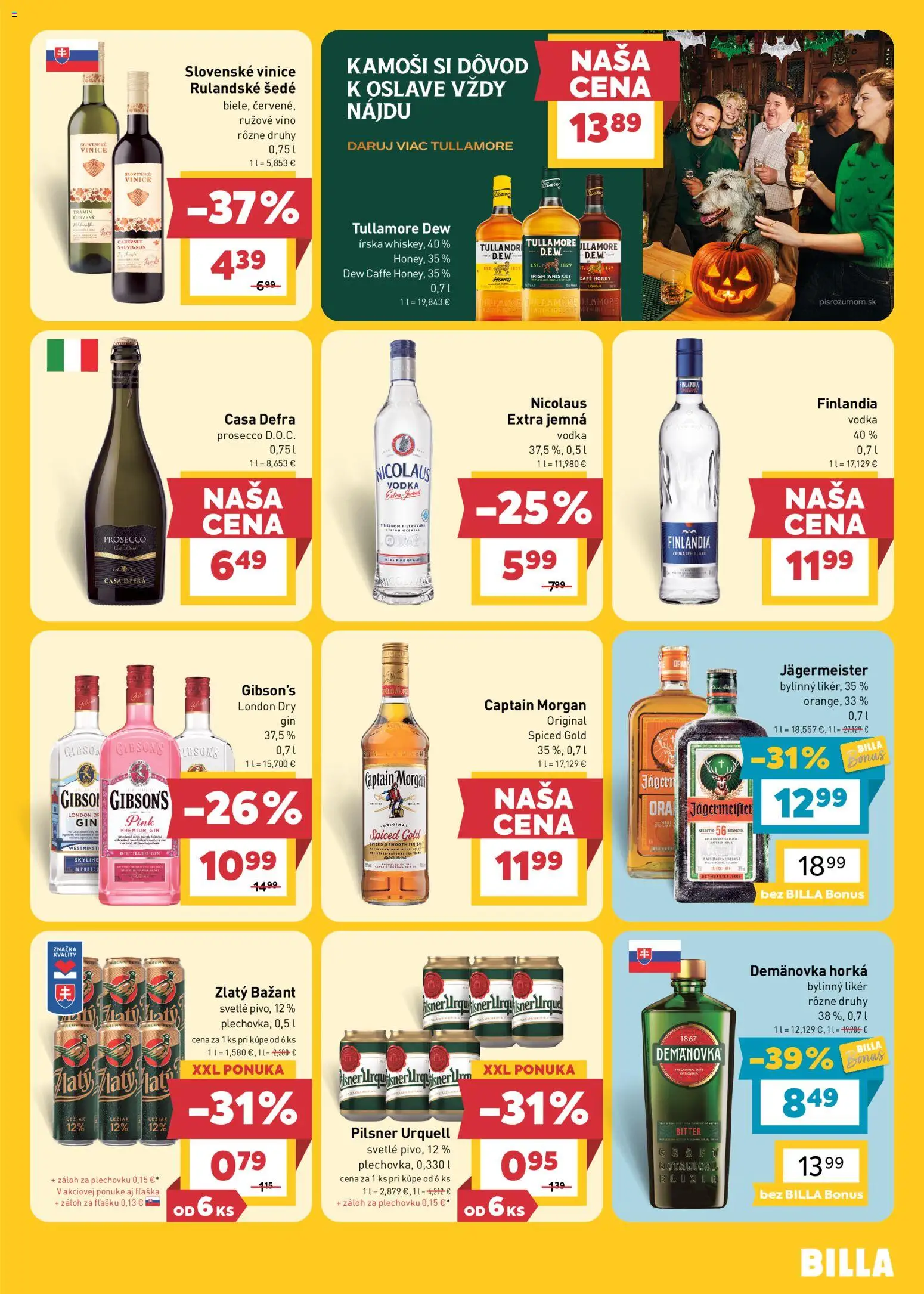 Náhľad Billa letáku platného od 28.10.2026 - Víno, Prosecco, Pilsner Urquell, Captain Morgan, Nicolaus vodka, Tullamore Dew, Finlandia, Rúžové víno