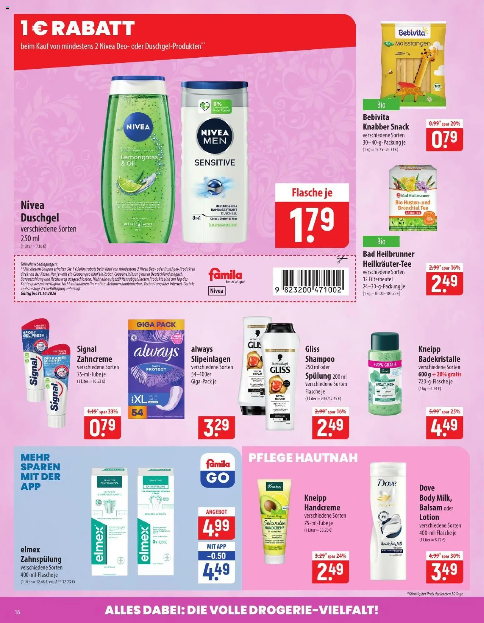 Vorschau von dem Prospekt des Geschäftes Famila, gültig ab dem 26.10.2026 - Bad, Tee, Shampoo, Handcreme, Duschgel, Spülung
