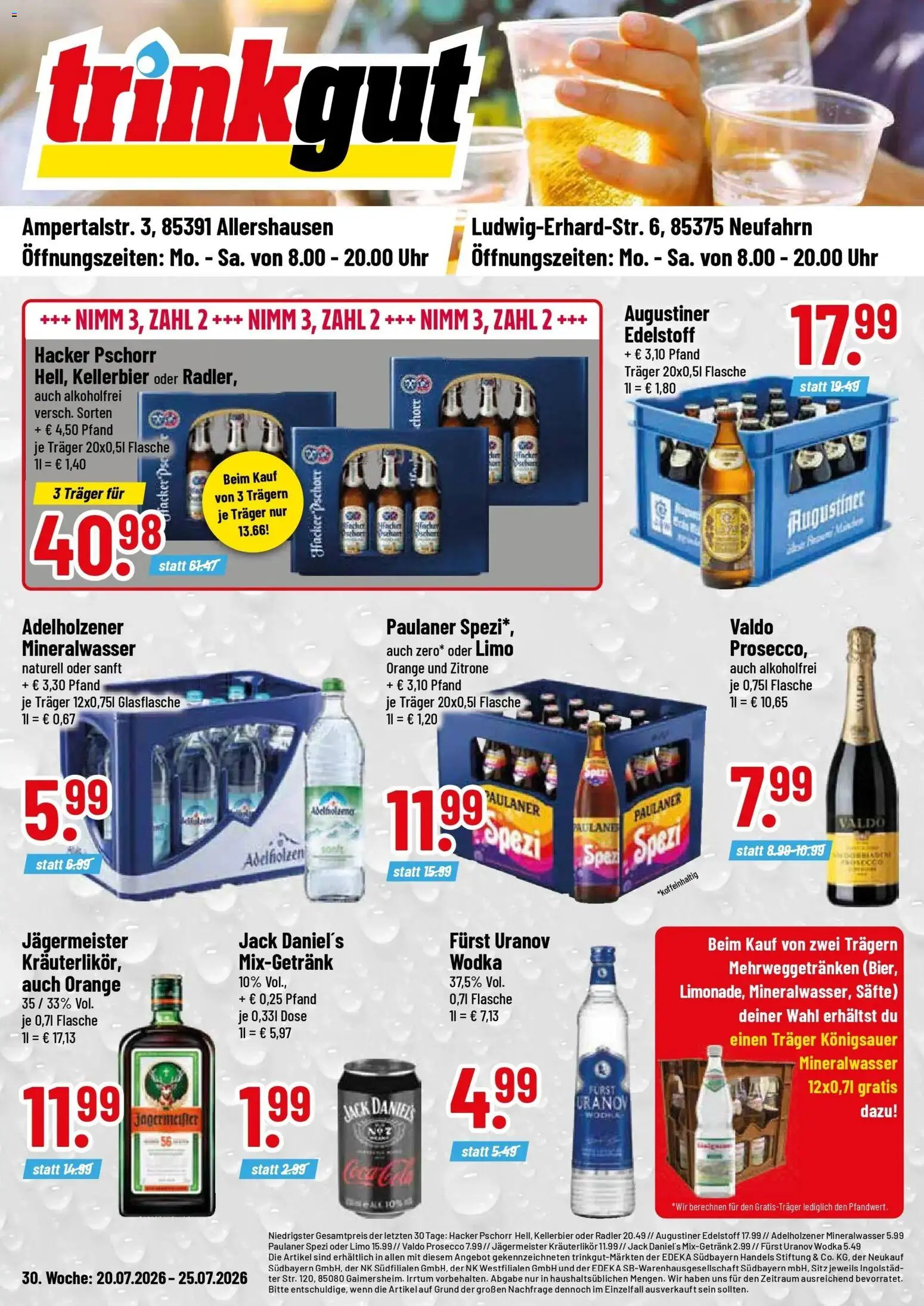 Vorschau von dem Prospekt des Geschäftes Trinkgut, gültig ab dem 20.07.2026 - Uhr, Jägermeister, Mineralwasser, Paulaner spezi, Prosecco, Zitrone, Wodka, Radler