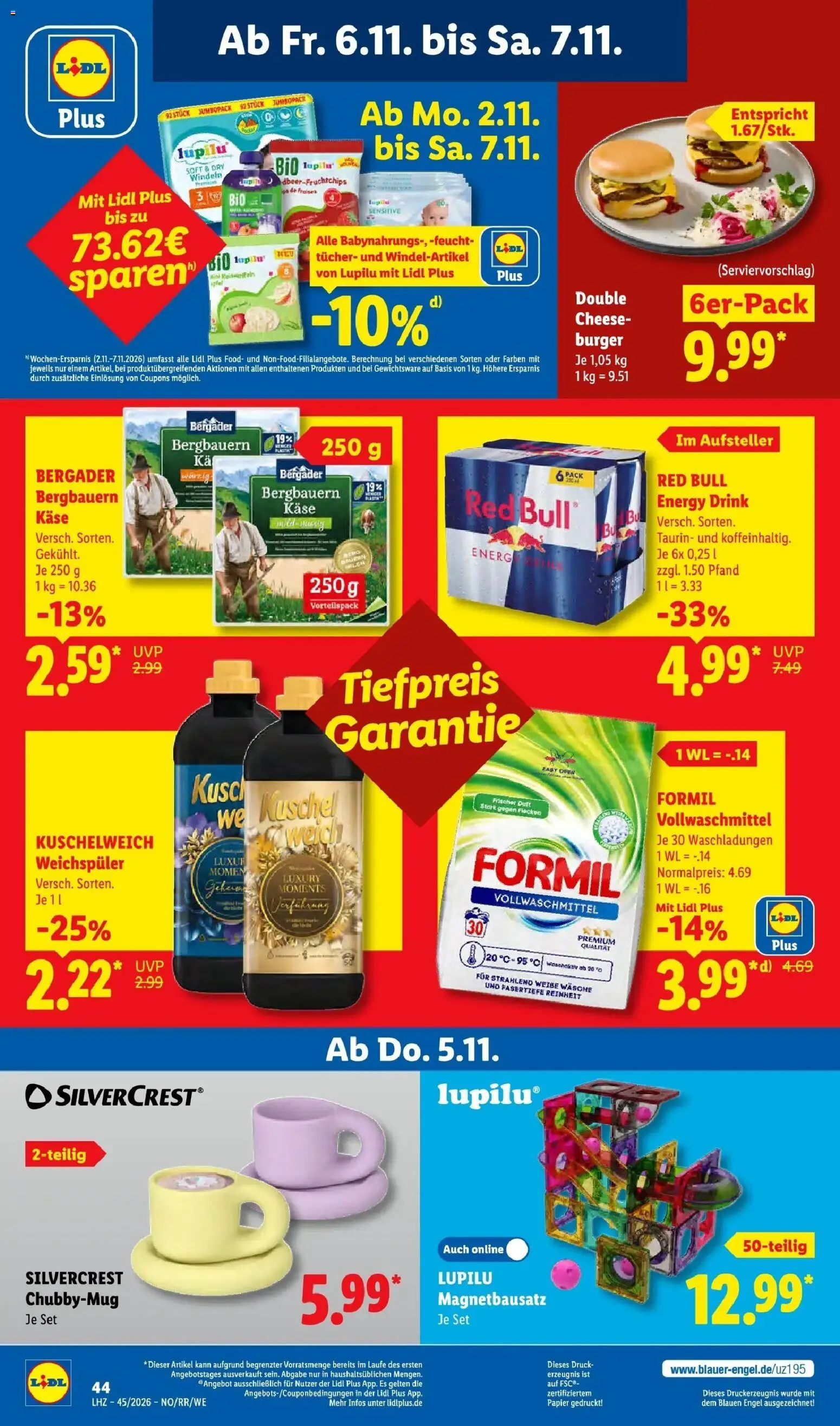 Vorschau von dem Prospekt des Geschäftes Lidl, gültig ab dem 02.11.2026 - Burger, Red bull, Käse, Energy, Weichspüler, Duft, Kuschelweich