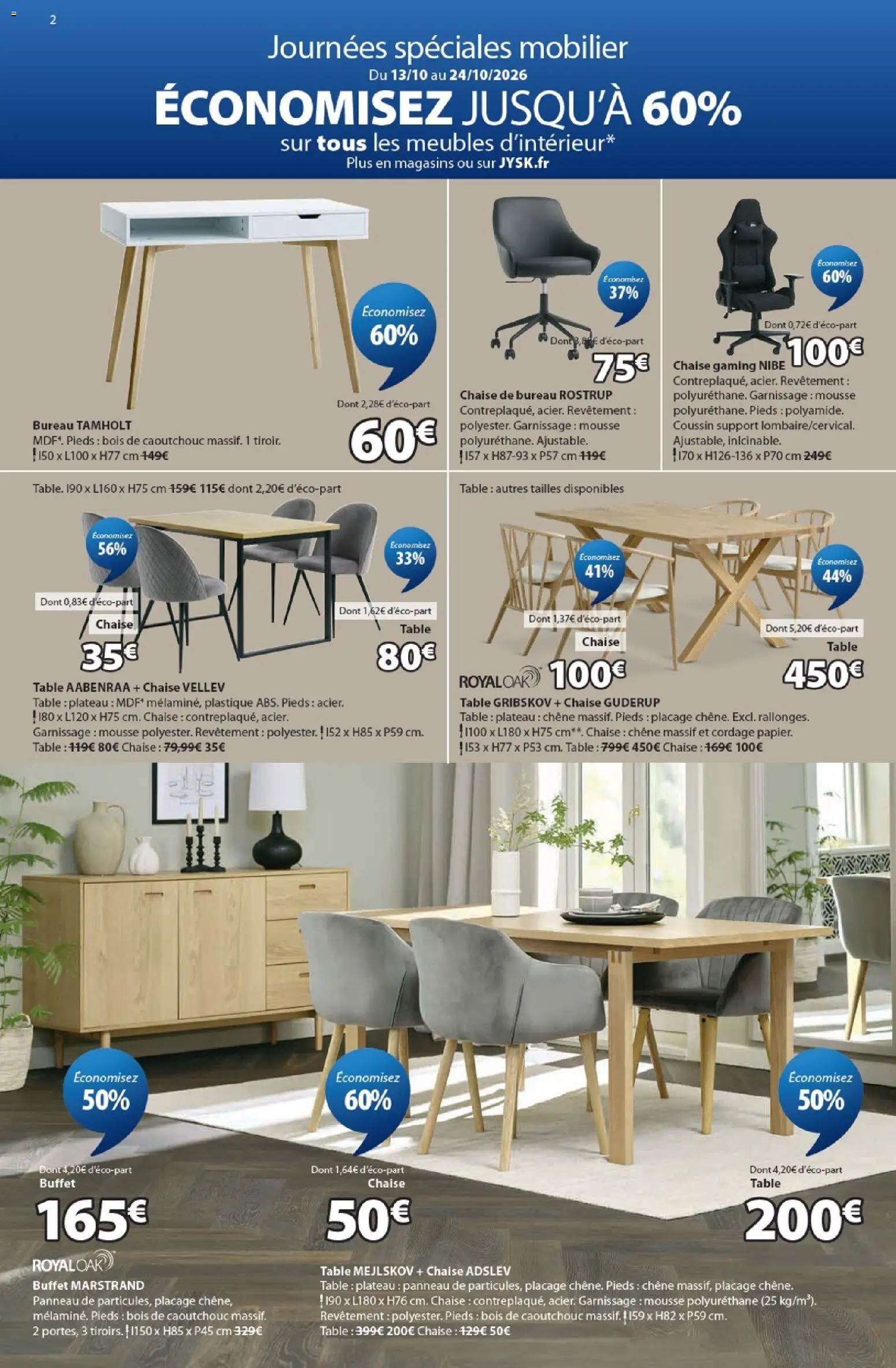 Prévisualisation de Jysk Offres du magasin Jysk formulaire valide 01/09/2026 - Bureau, Chaise de bureau, Chaise, Buffet, Chaise gaming, Table, Mousse, Plateau