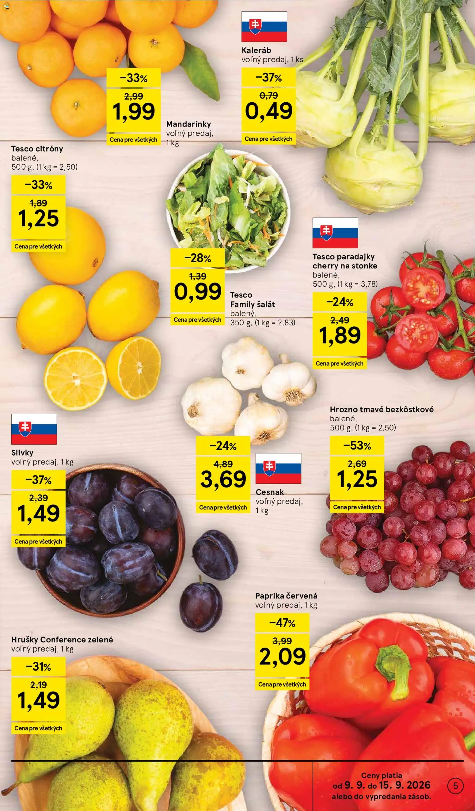 Náhľad Tesco letáku platného od 09.09.2026 - Paprika, Šalát, Paradajky, Cesnak, Hrozno, Hrušky, Kaleráb, Mandarinky