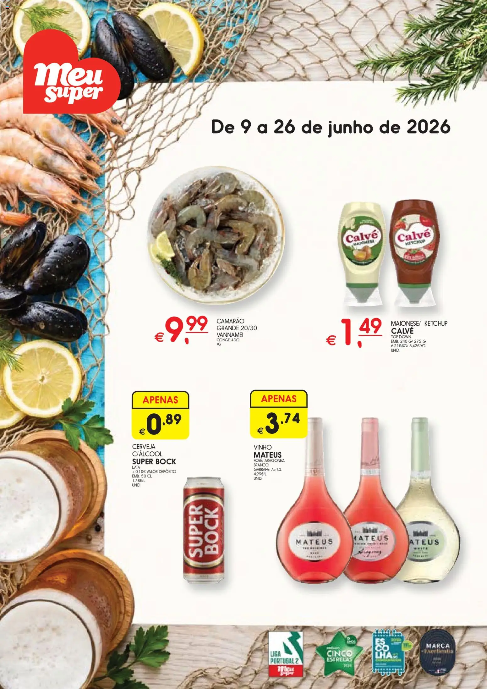Pré-visualização do folheto da loja Meu Super válida a partir de 09/06/2026 - Vinho, Cerveja, Super bock, Camarão, Top, Ketchup