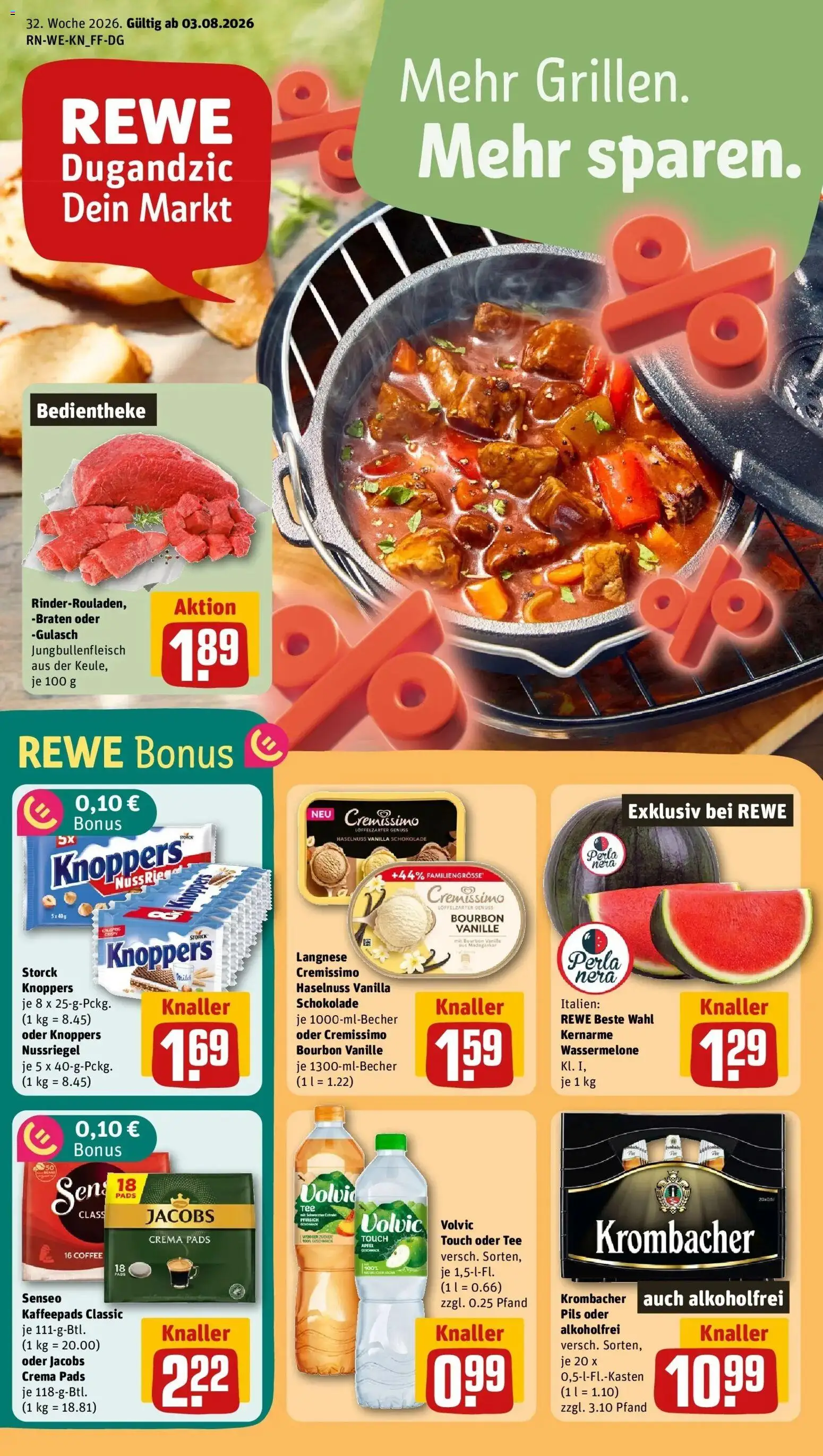 Vorschau von dem Prospekt des Geschäftes Rewe, gültig ab dem 03.08.2026 - Äpfel, Gulasch, Krombacher, Pfirsich, Knoppers, Volvic, Pils, Cremissimo