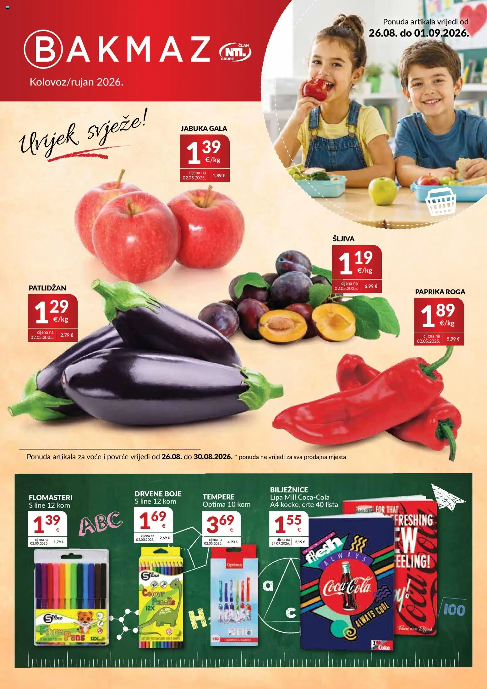 Pregled letka Bakmaz Katalog trgovine Bakmaz vrijedi od 26.08.2026 - Coca cola, Jabuka, Paprika, Povrće, Patlidžan, Šljiva, Voće, Tempere